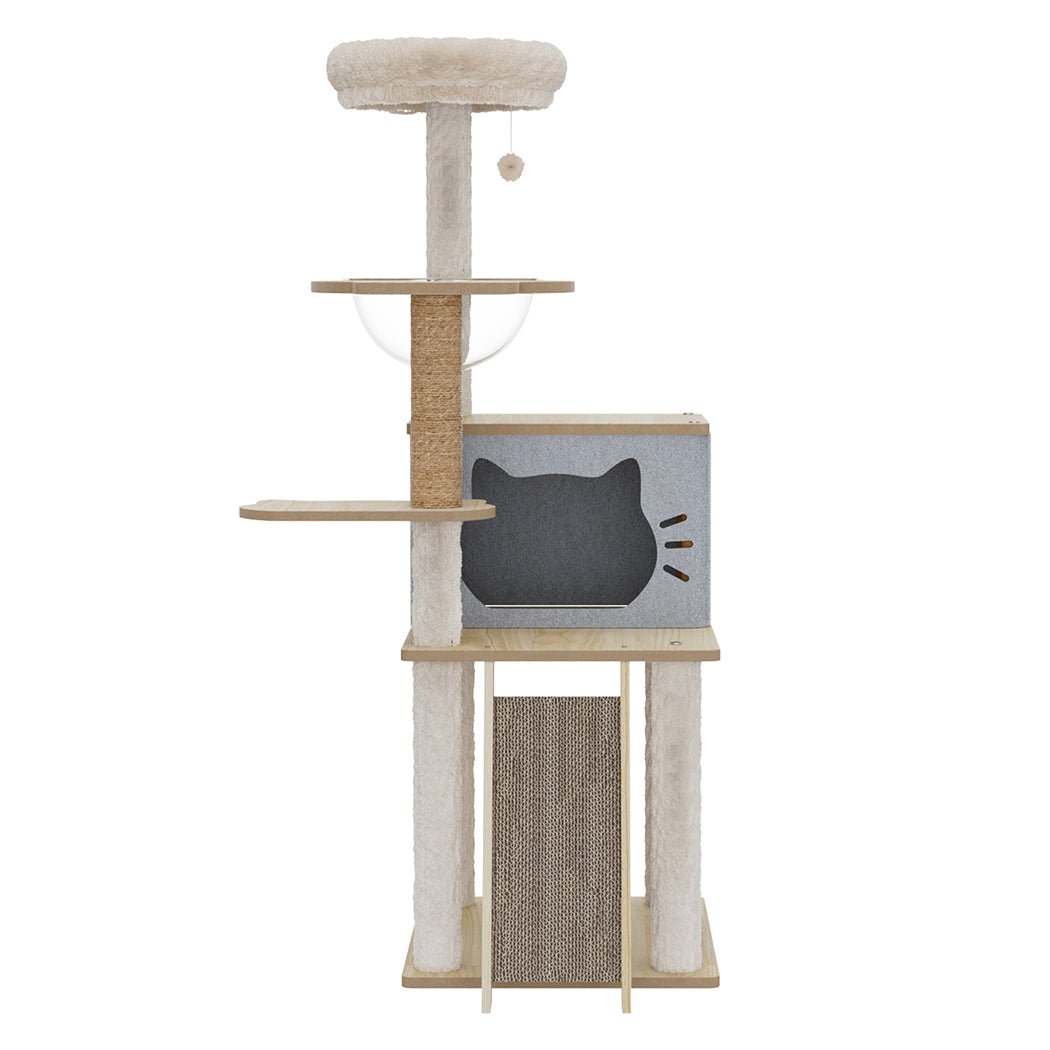 Cat Tree Tower 120cm Wood Condo Scratcher with Capsule Bed - Beige - Rivercity House & Home Co. (ABN 18 642 972 209) - Affordable Modern Furniture Australia