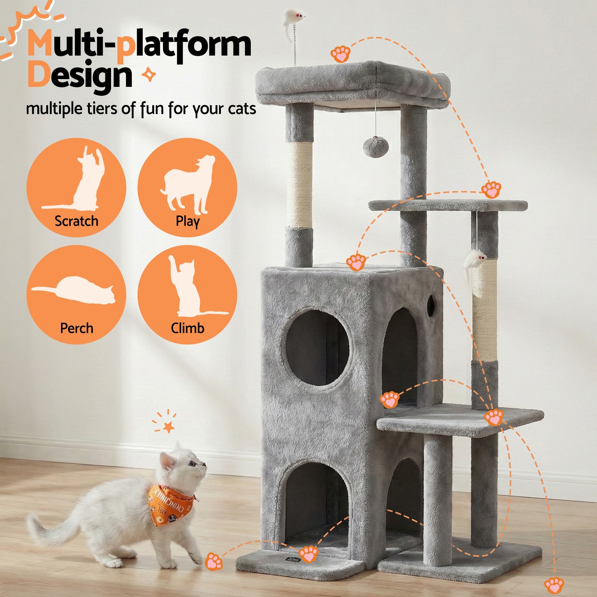 Cat Tree Tower 127cm Scratching Post Furniture Scratcher House Light Grey - Pet Care > Cat Supplies > Cat Scratching Posts - Rivercity House & Home Co. (ABN 18 642 972 209) - Affordable Modern Furniture Australia