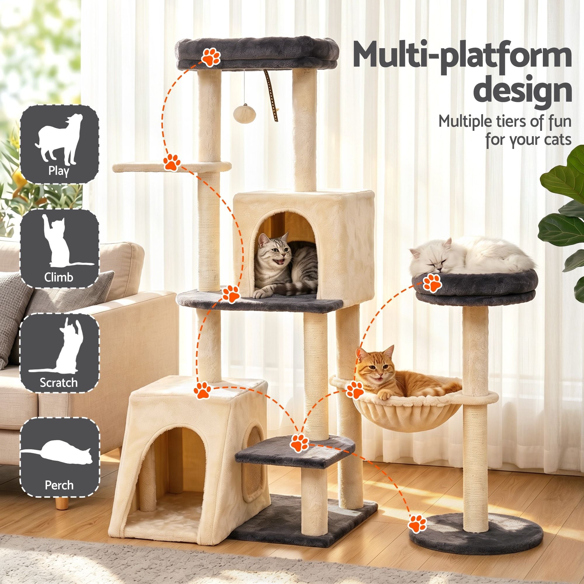 Cat Tree Tower 133cm Rotatable L - Shape Design Scratching Post Furniture Scratcher House Grey & Beige - Pet Care > Cat Supplies > Cat Scratchers - Rivercity House & Home Co. (ABN 18 642 972 209) - Affordable Modern Furniture Australia