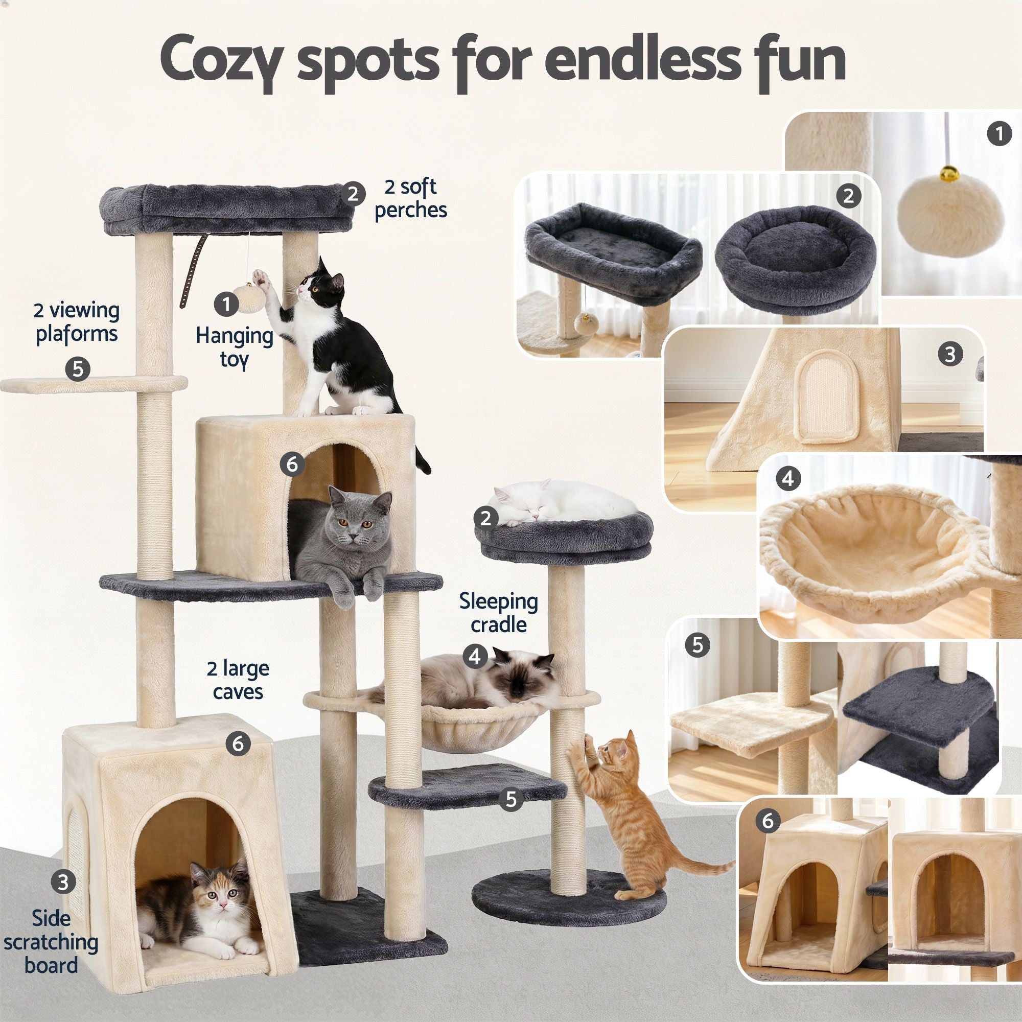 Cat Tree Tower 133cm Rotatable L - Shape Design Scratching Post Furniture Scratcher House Grey & Beige - Pet Care > Cat Supplies > Cat Scratchers - Rivercity House & Home Co. (ABN 18 642 972 209) - Affordable Modern Furniture Australia