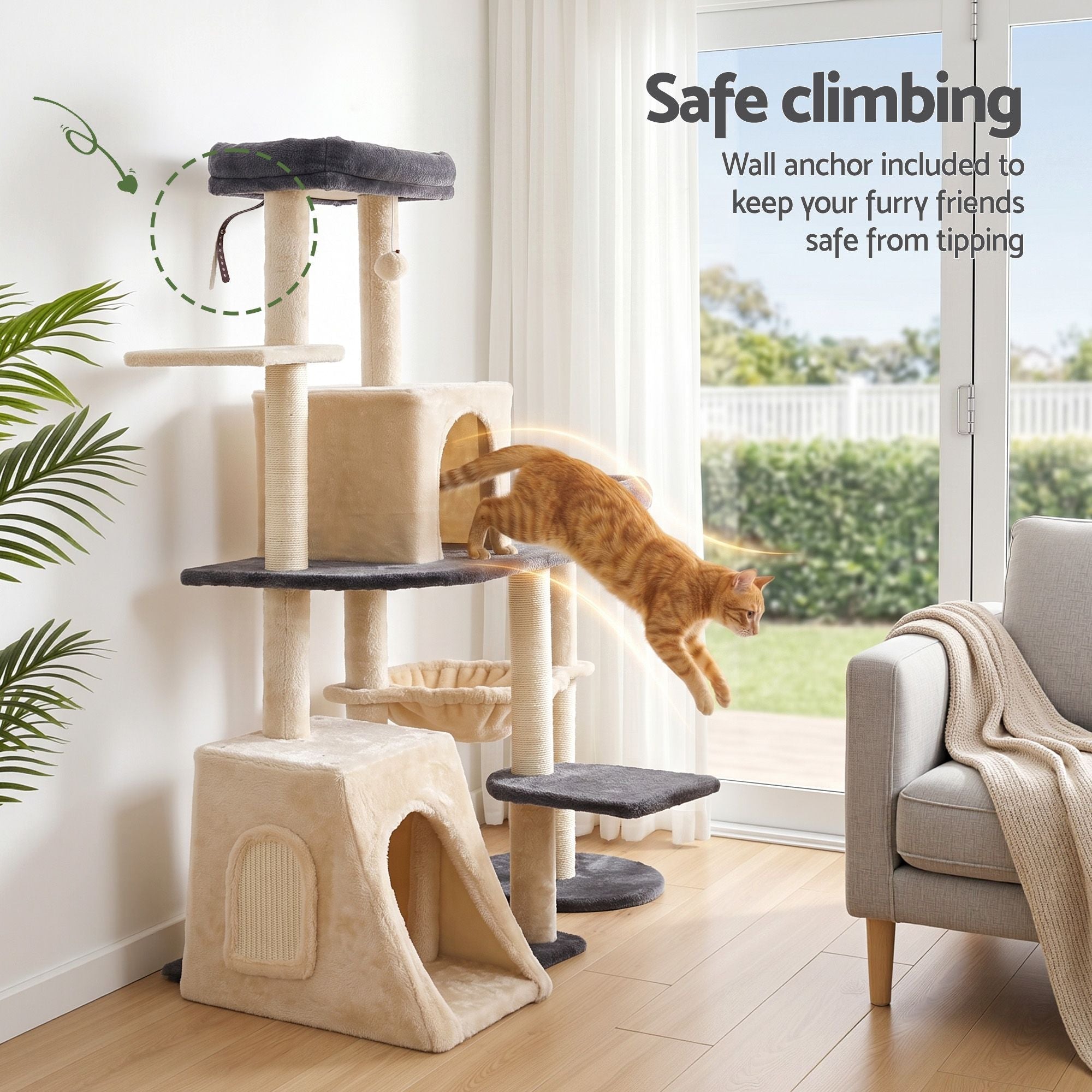 Cat Tree Tower 133cm Rotatable L - Shape Design Scratching Post Furniture Scratcher House Grey & Beige - Pet Care > Cat Supplies > Cat Scratchers - Rivercity House & Home Co. (ABN 18 642 972 209) - Affordable Modern Furniture Australia
