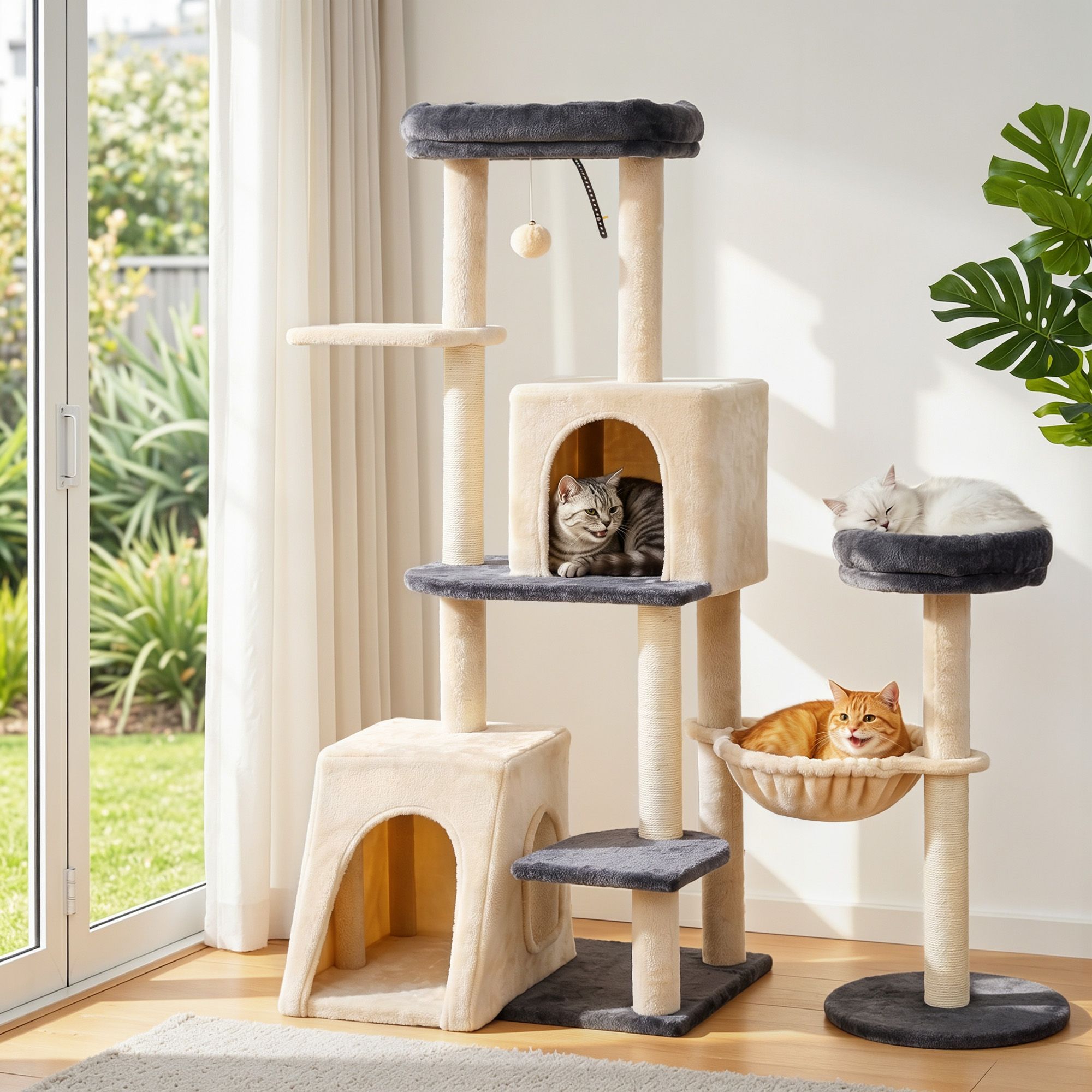 Cat Tree Tower 133cm Rotatable L - Shape Design Scratching Post Furniture Scratcher House Grey & Beige - Pet Care > Cat Supplies > Cat Scratchers - Rivercity House & Home Co. (ABN 18 642 972 209) - Affordable Modern Furniture Australia