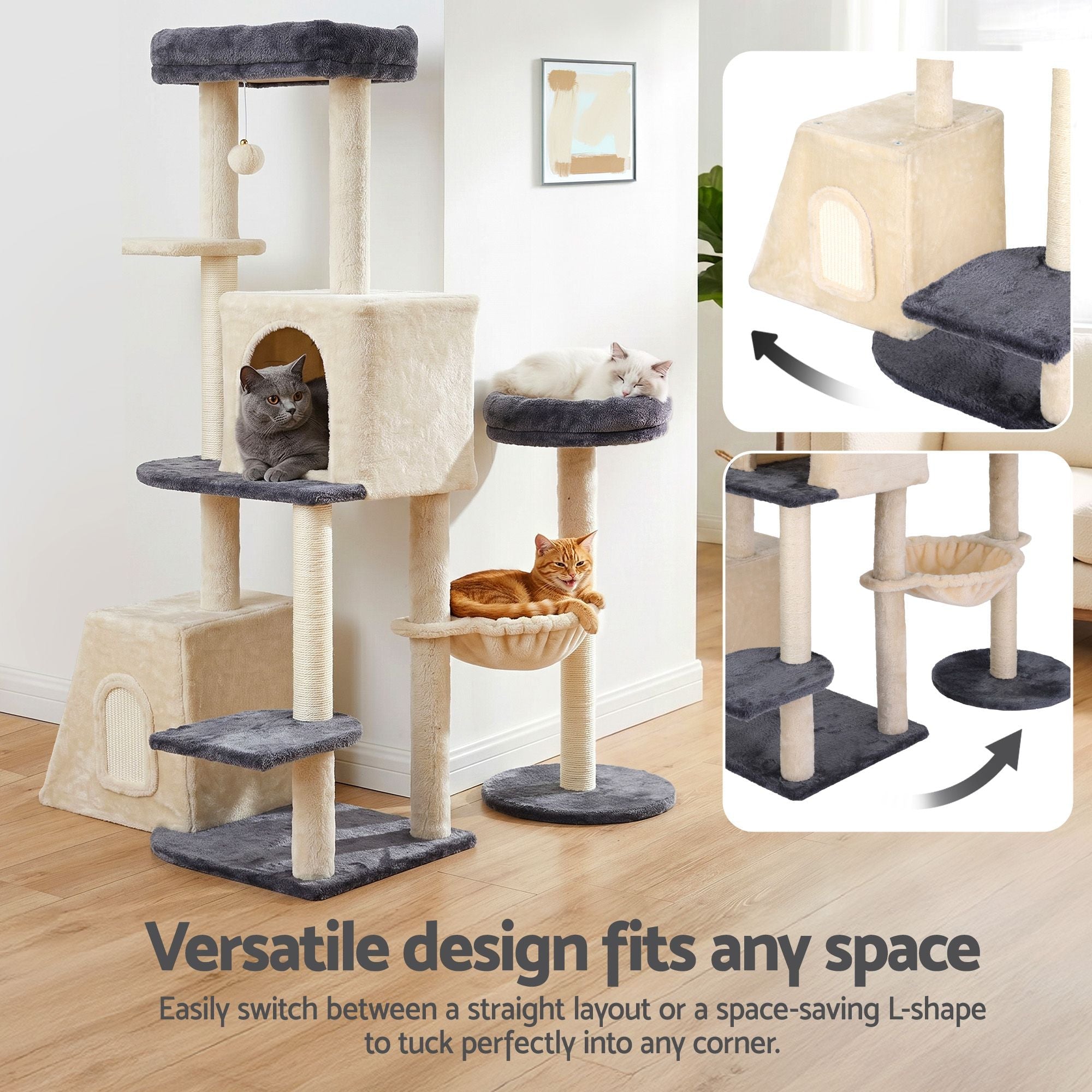Cat Tree Tower 133cm Rotatable L - Shape Design Scratching Post Furniture Scratcher House Grey & Beige - Pet Care > Cat Supplies > Cat Scratchers - Rivercity House & Home Co. (ABN 18 642 972 209) - Affordable Modern Furniture Australia