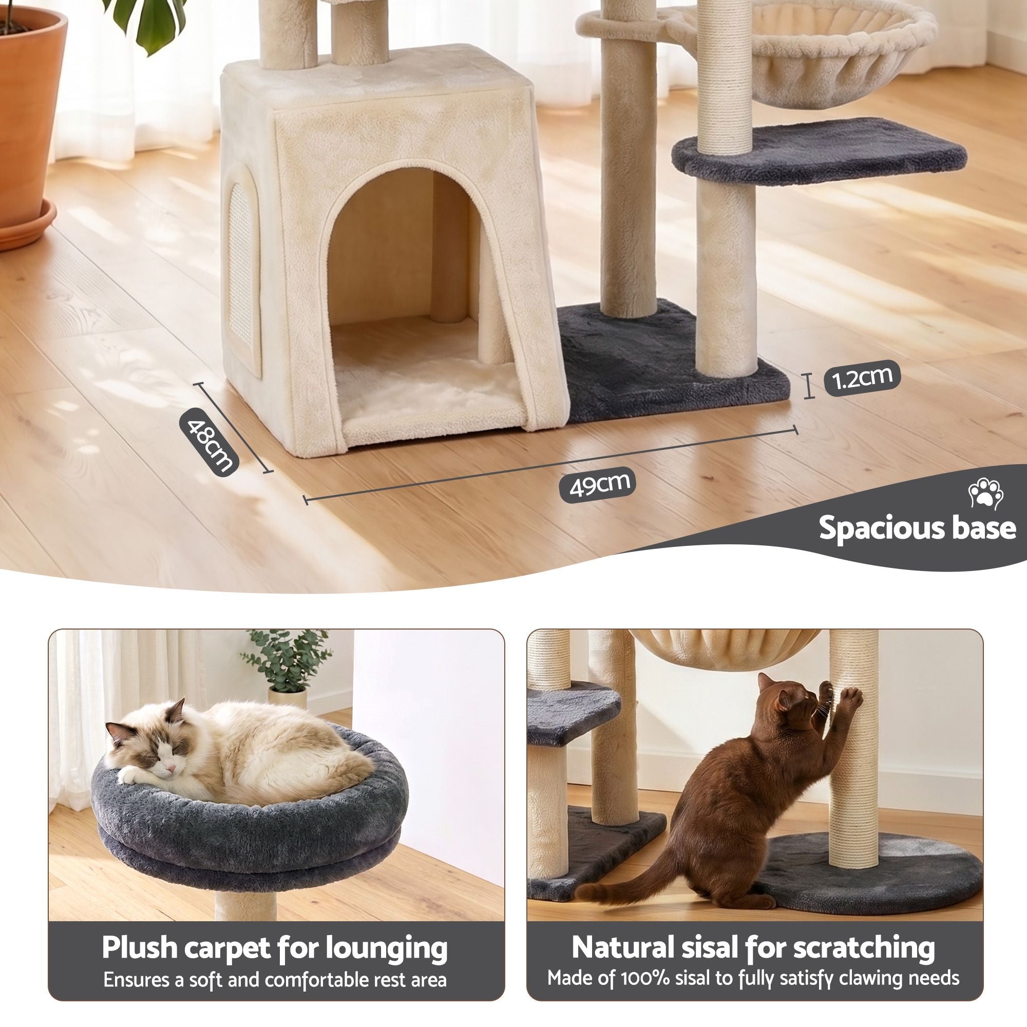 Cat Tree Tower 133cm Rotatable L - Shape Design Scratching Post Furniture Scratcher House Grey & Beige - Pet Care > Cat Supplies > Cat Scratchers - Rivercity House & Home Co. (ABN 18 642 972 209) - Affordable Modern Furniture Australia