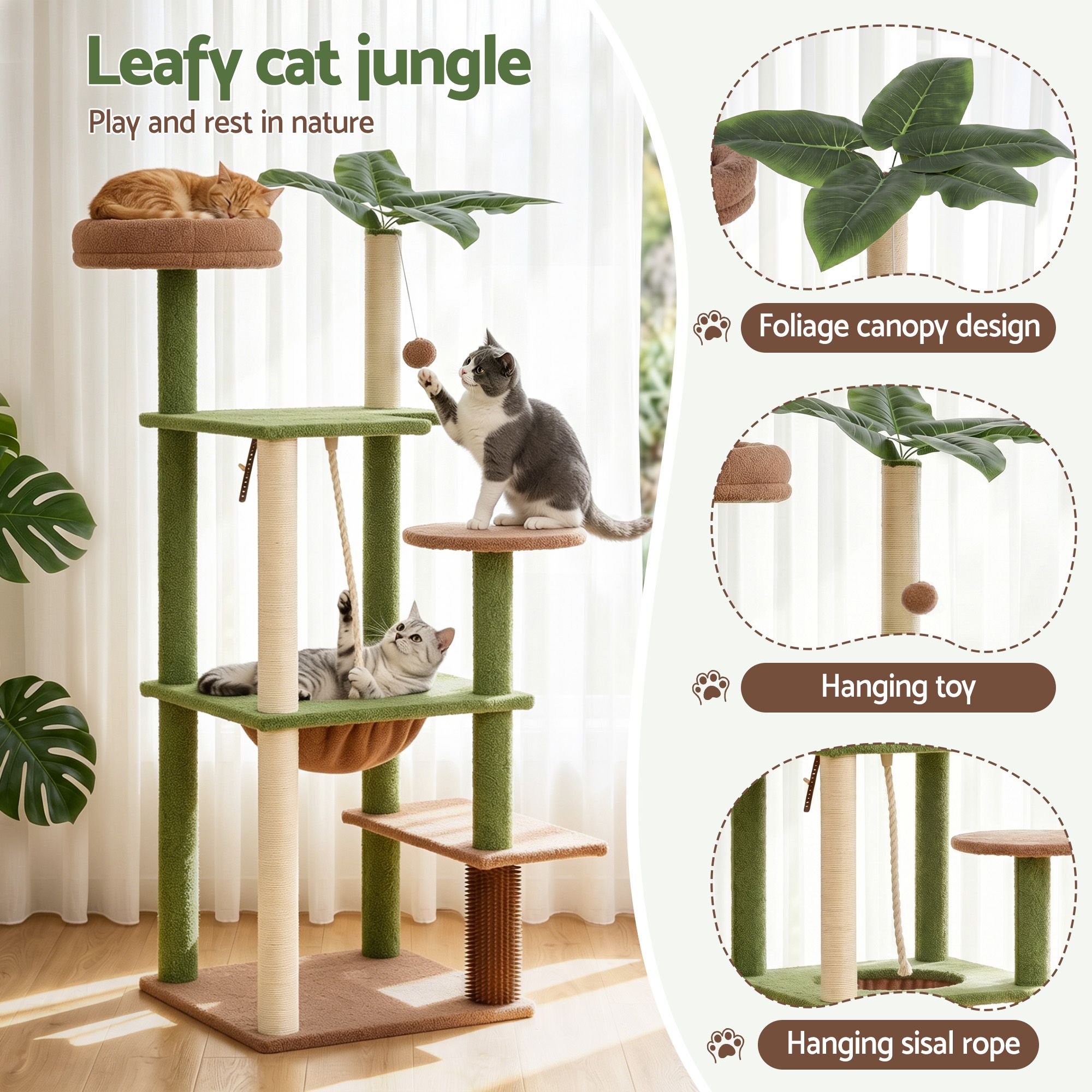 Cat Tree Tower 152cm Jungle Multi - Level Scratching Post Leafy Canopy - Pet Care > Cat Supplies > Cat Scratchers - Rivercity House & Home Co. (ABN 18 642 972 209) - Affordable Modern Furniture Australia
