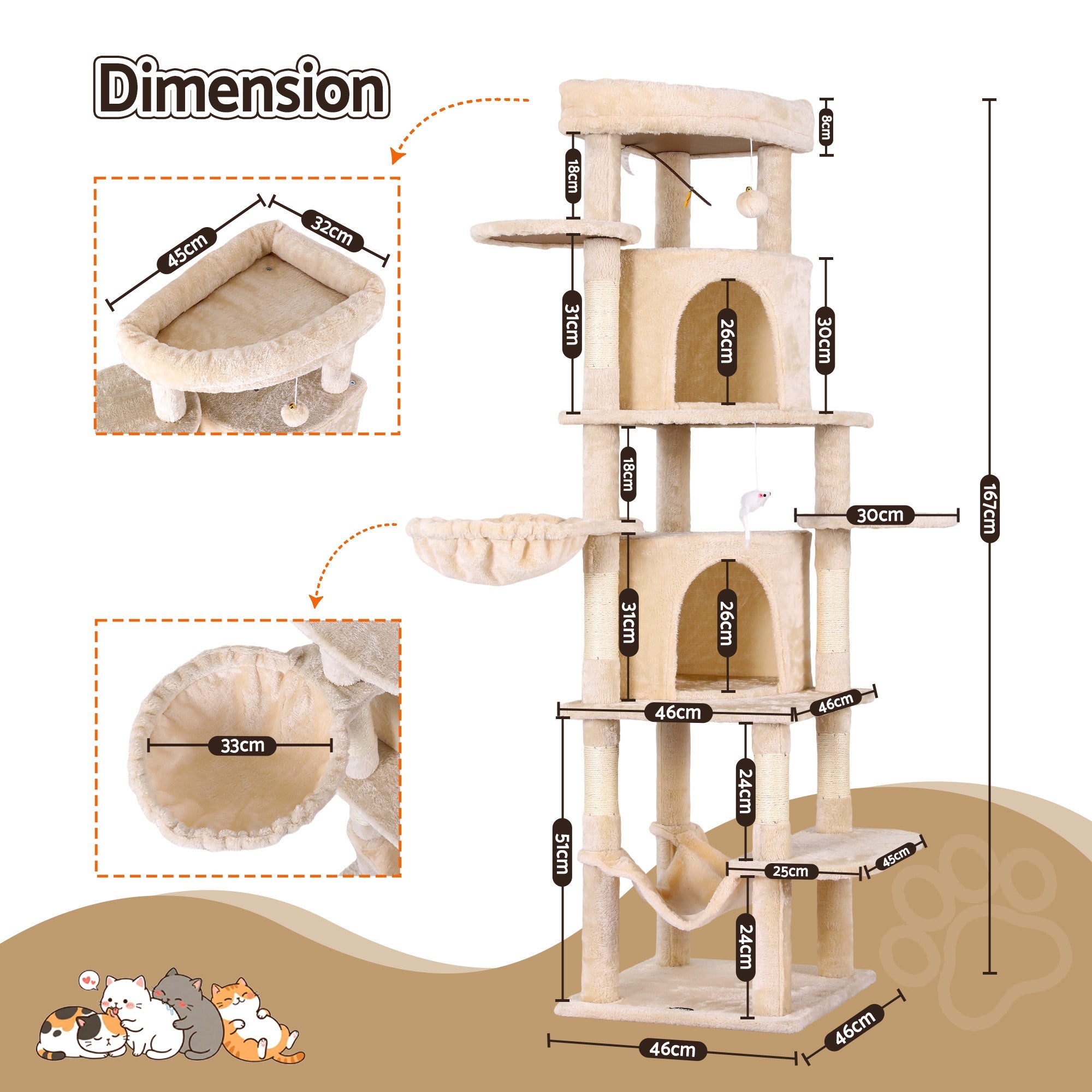 Cat Tree Tower 167cm Large Scratching Post Furniture Scratcher House Beige - Pet Care > Cat Supplies > Cat Scratchers - Rivercity House & Home Co. (ABN 18 642 972 209) - Affordable Modern Furniture Australia