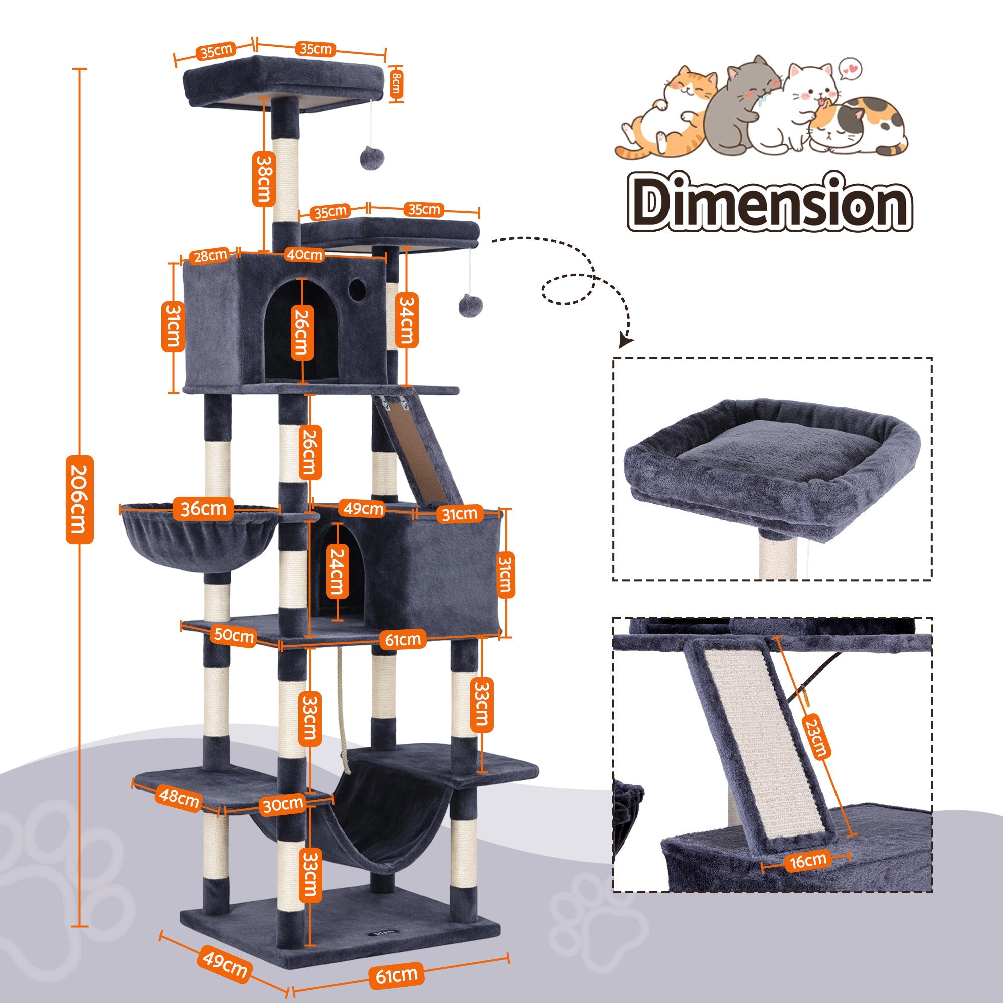 Cat Tree Tower 206cm Large Scratching Post Furniture Scratcher House Grey - Pet Care > Cat Supplies > Cat Scratchers - Rivercity House & Home Co. (ABN 18 642 972 209) - Affordable Modern Furniture Australia
