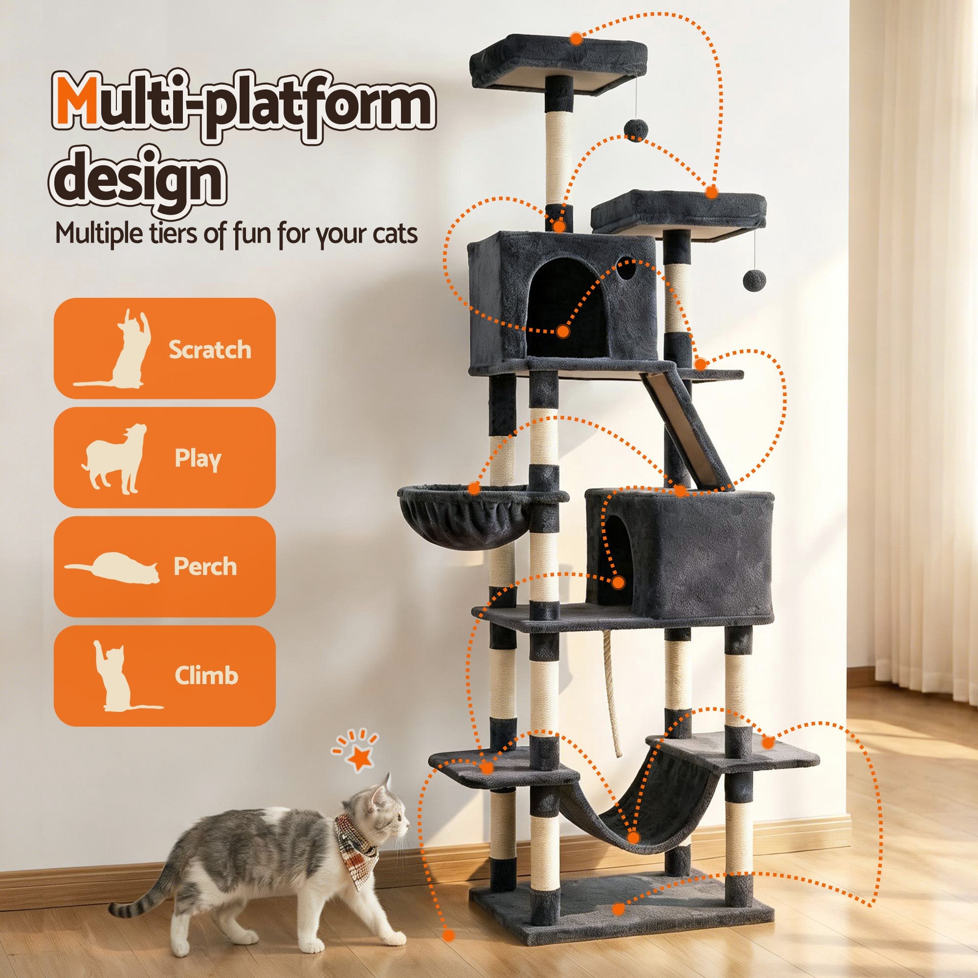 Cat Tree Tower 206cm Large Scratching Post Furniture Scratcher House Grey - Pet Care > Cat Supplies > Cat Scratchers - Rivercity House & Home Co. (ABN 18 642 972 209) - Affordable Modern Furniture Australia