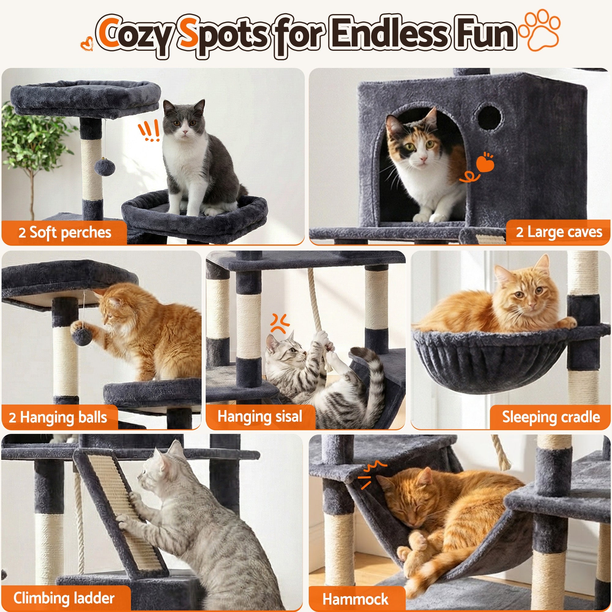 Cat Tree Tower 206cm Large Scratching Post Furniture Scratcher House Grey - Pet Care > Cat Supplies > Cat Scratchers - Rivercity House & Home Co. (ABN 18 642 972 209) - Affordable Modern Furniture Australia