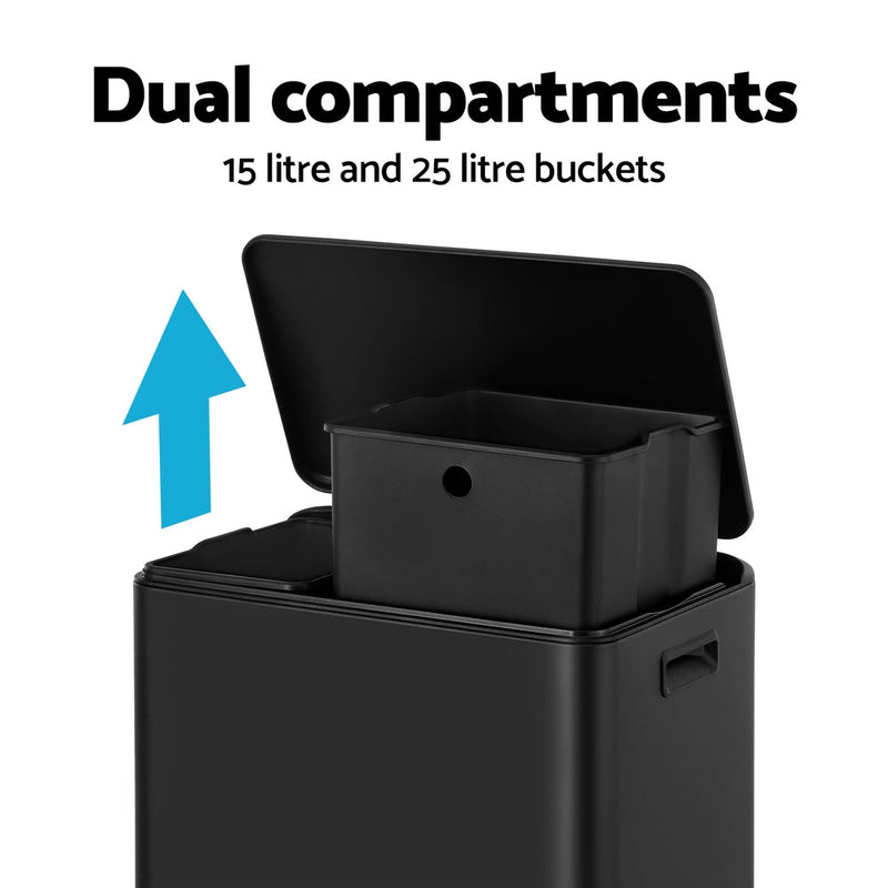 Cefito Pedal Bins Rubbish Bin Dual Compartment Waste Recycle Dustbins 40L Black - Home & Garden > Kitchen Bins - Rivercity House & Home Co. (ABN 18 642 972 209) - Affordable Modern Furniture Australia