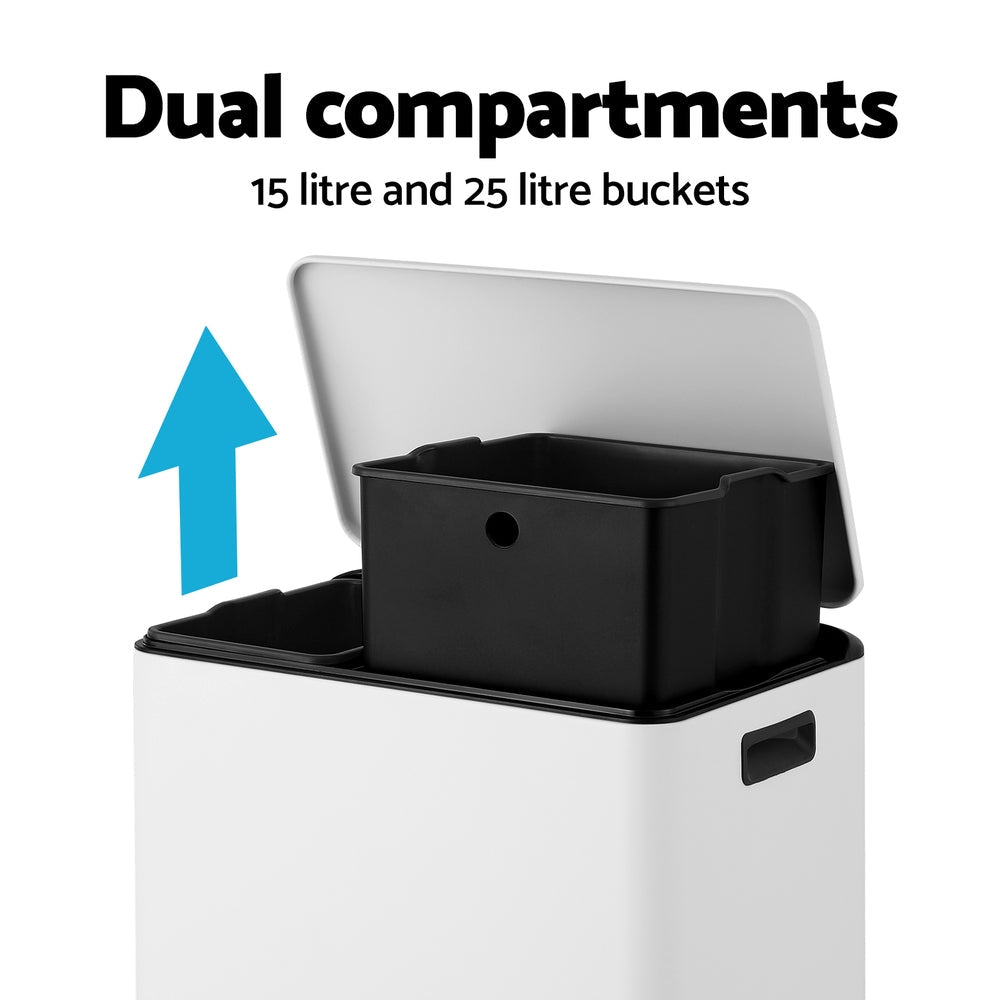 Cefito Pedal Bins Rubbish Bin Dual Compartment Waste Recycle Dustbins 40L White - Home & Garden > Kitchen Bins - Rivercity House & Home Co. (ABN 18 642 972 209) - Affordable Modern Furniture Australia