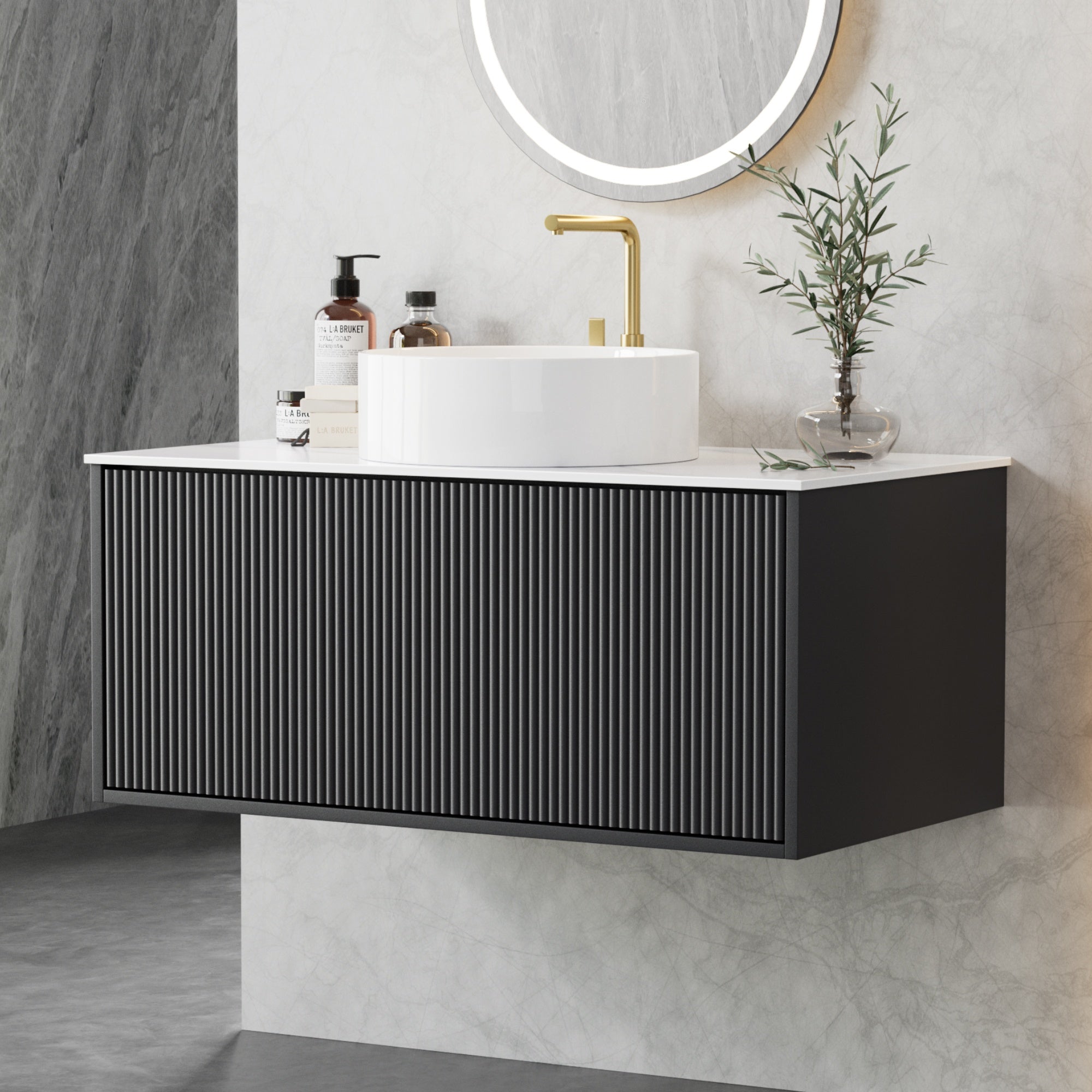 Cefito Vanity Unit 900mm Bathroom Cabinet Storage Wall Hung Grooved Timber Black - Furniture > Bathroom > Vanity Units - Rivercity House & Home Co. (ABN 18 642 972 209) - Affordable Modern Furniture Australia