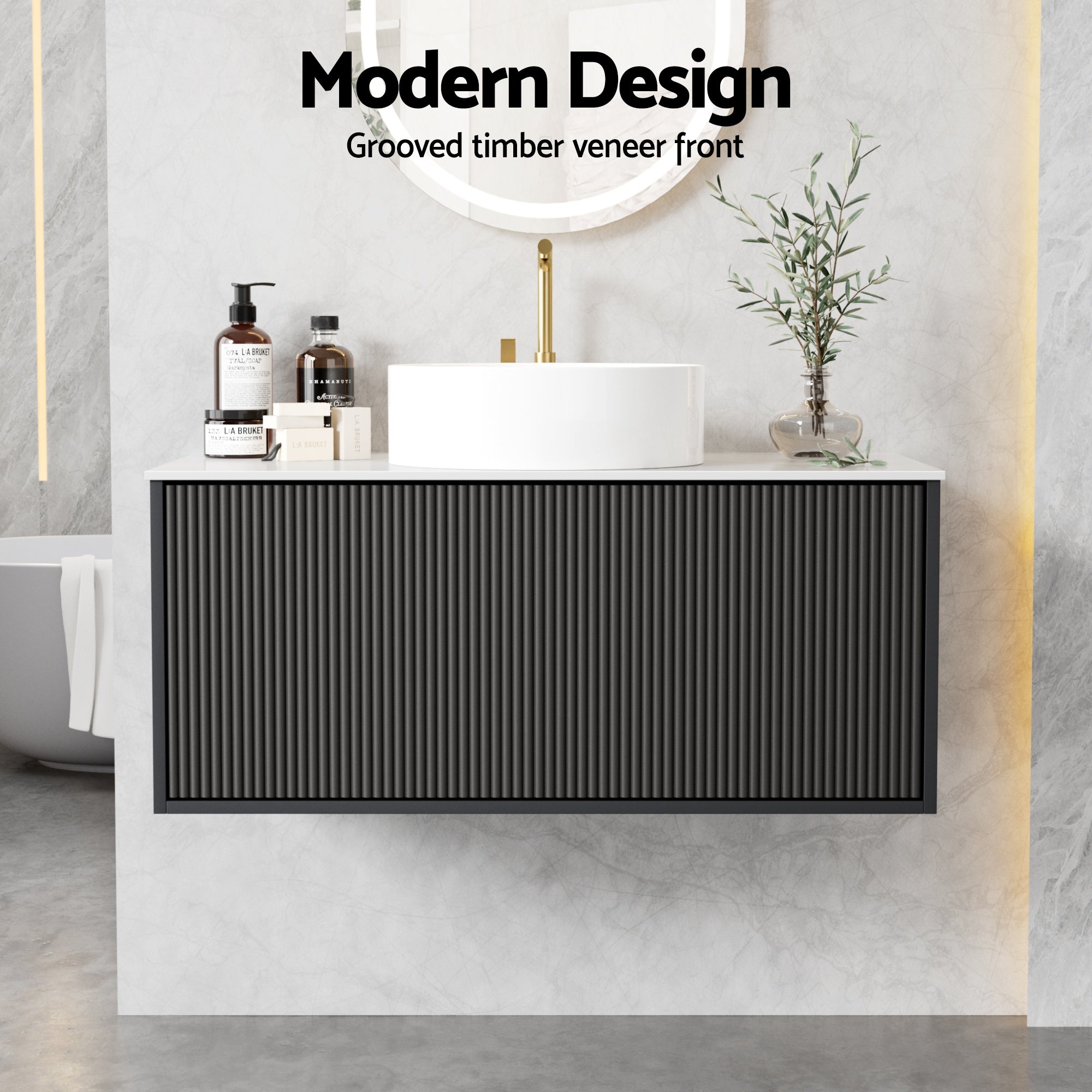 Cefito Vanity Unit 900mm Bathroom Cabinet Storage Wall Hung Grooved Timber Black - Furniture > Bathroom > Vanity Units - Rivercity House & Home Co. (ABN 18 642 972 209) - Affordable Modern Furniture Australia