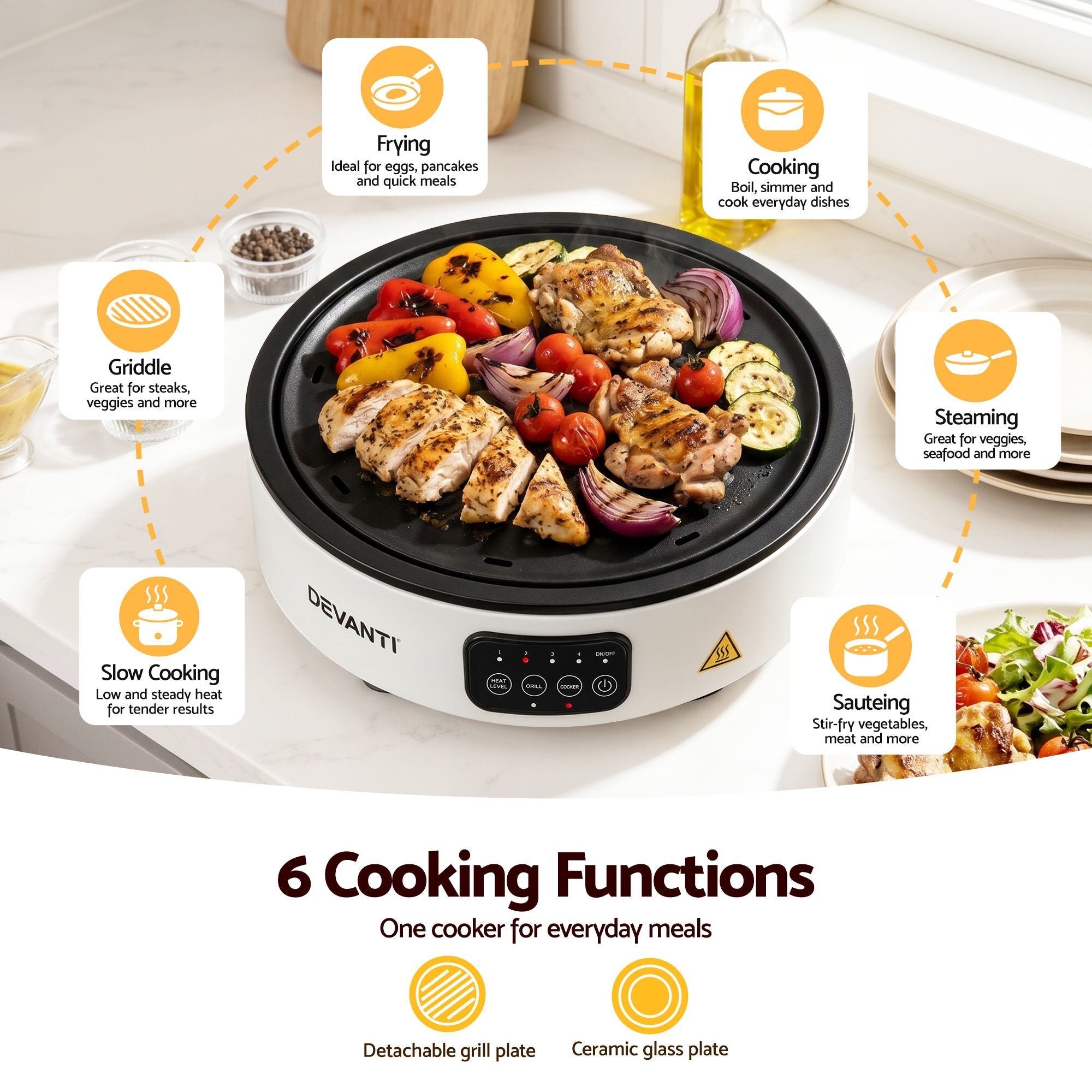 Ceramic Cooktop Electric Hot Plate with Detachable Grill Plate 2000W - White - Appliances > Kitchen Appliances > Cooktops & Stoves - Rivercity House & Home Co. (ABN 18 642 972 209) - Affordable Modern Furniture Australia