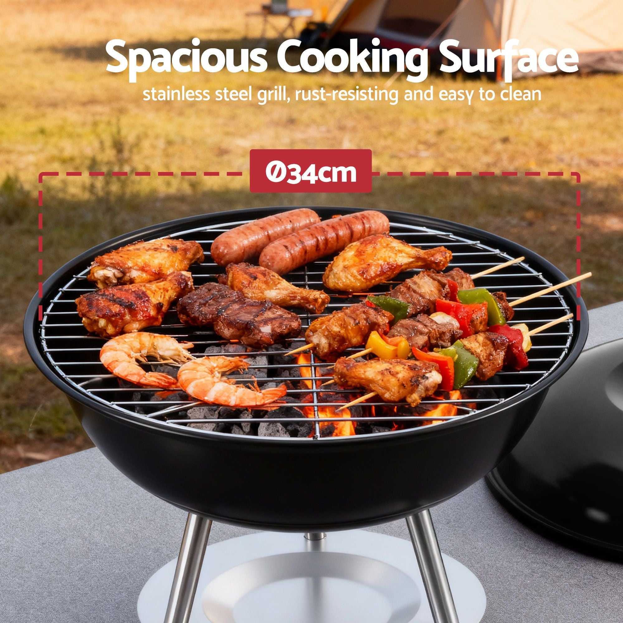 Charcoal BBQ Grill Portable with Lid for Camping Outdoor - Home & Garden > BBQ > BBQs & Accessories - Rivercity House & Home Co. (ABN 18 642 972 209) - Affordable Modern Furniture Australia