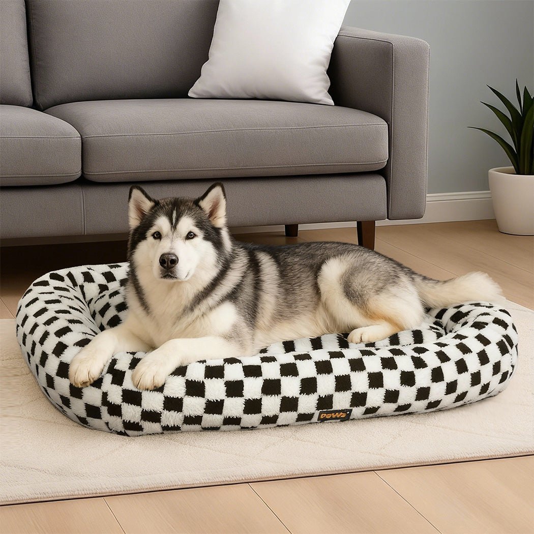 Checkered Plush Calming Dog Bed with Washable Cover - Black & White - Rivercity House & Home Co. (ABN 18 642 972 209) - Affordable Modern Furniture Australia