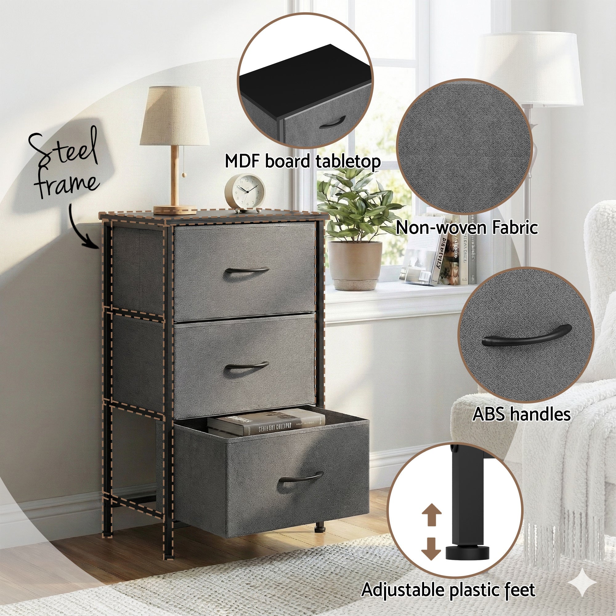 Chest of 3 Drawers Storage Dresser Tallboy Grey - Furniture > Bedroom > Dressers - Rivercity House & Home Co. (ABN 18 642 972 209) - Affordable Modern Furniture Australia