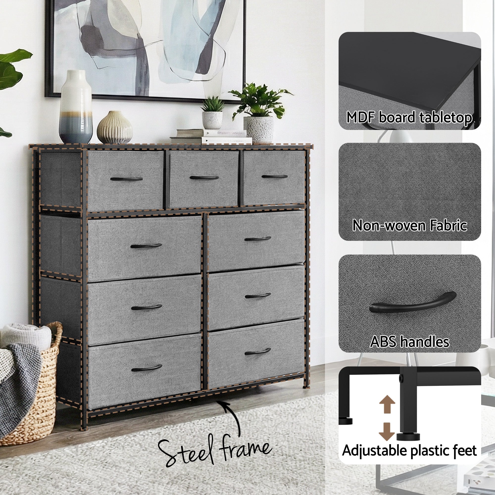 Chest of 9 Drawers Storage Dresser Tallboy Dark Grey - Furniture > Bedroom > Dressers - Rivercity House & Home Co. (ABN 18 642 972 209) - Affordable Modern Furniture Australia