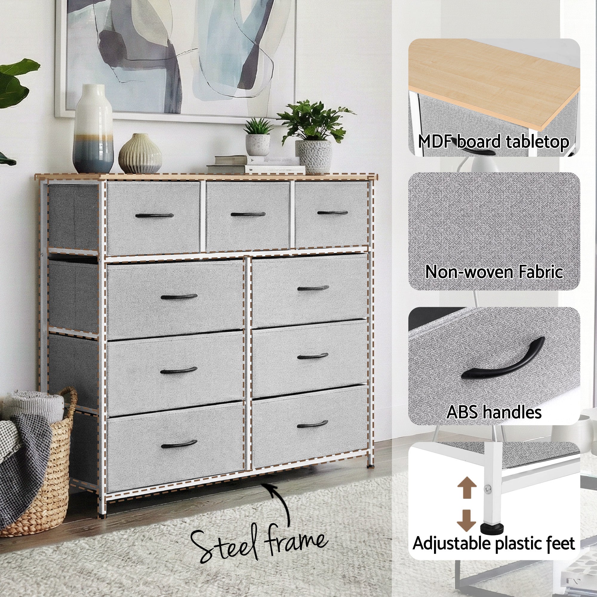 Chest of 9 Drawers Storage Dresser Tallboy Light Grey - Furniture > Bedroom > Dressers - Rivercity House & Home Co. (ABN 18 642 972 209) - Affordable Modern Furniture Australia