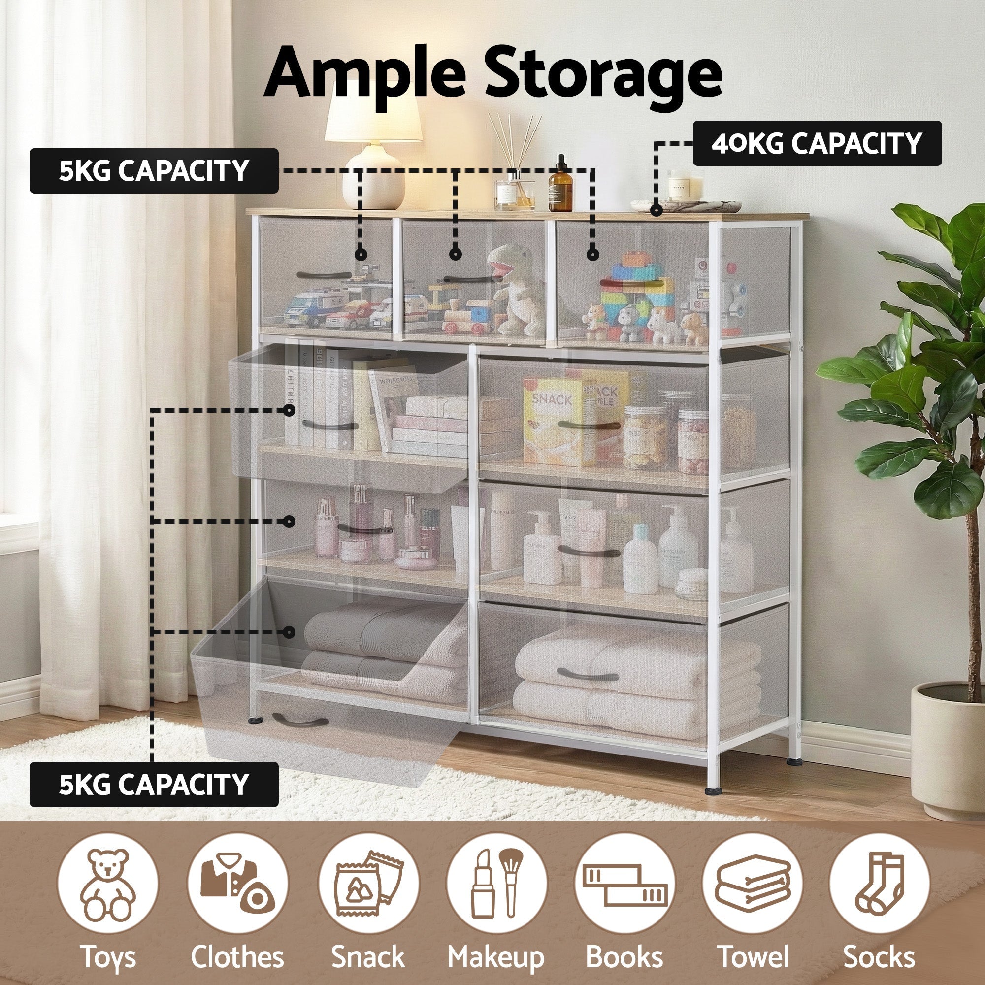 Chest of 9 Drawers Storage Dresser Tallboy Light Grey - Furniture > Bedroom > Dressers - Rivercity House & Home Co. (ABN 18 642 972 209) - Affordable Modern Furniture Australia