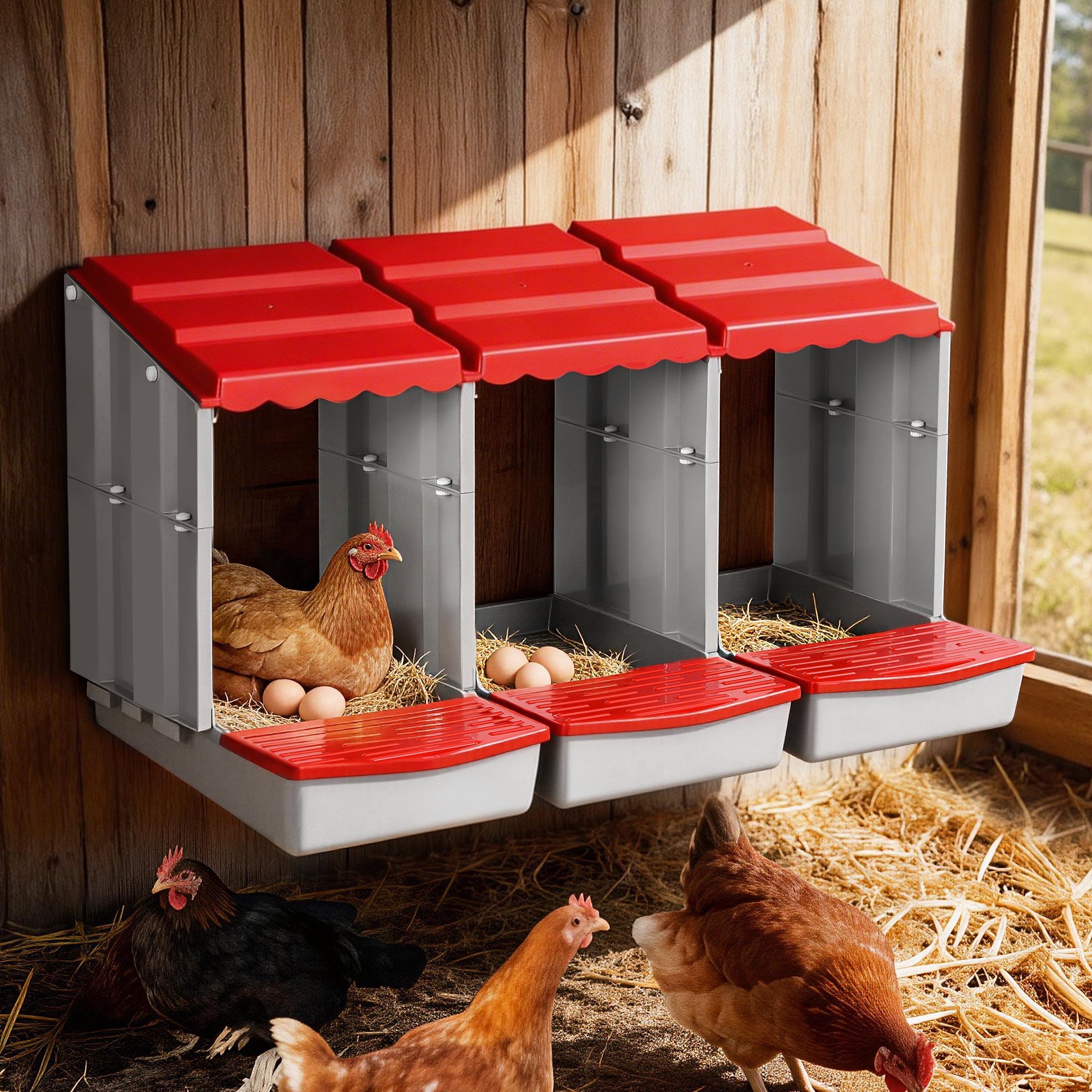 Chicken Nesting Box 3 Hole Roll Away Poultry Hen Laying Egg Hutch Red - Pet Care > Reptile & Amphibian Supplies > Reptile & Amphibian Habitats - Rivercity House & Home Co. (ABN 18 642 972 209) - Affordable Modern Furniture Australia