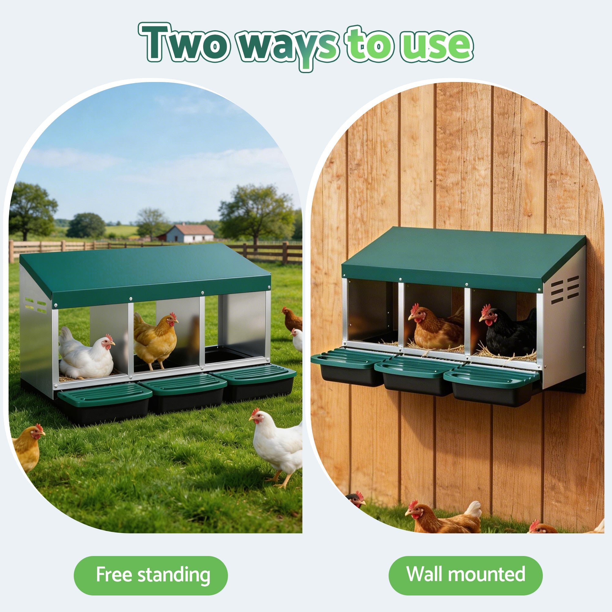 Chicken Nesting Box Roll Away 3 Holes Metal Wall Mounted Nest Box Green - Pet Care > Coops & Hutches > Small Animal Habitats & Cages - Rivercity House & Home Co. (ABN 18 642 972 209) - Affordable Modern Furniture Australia