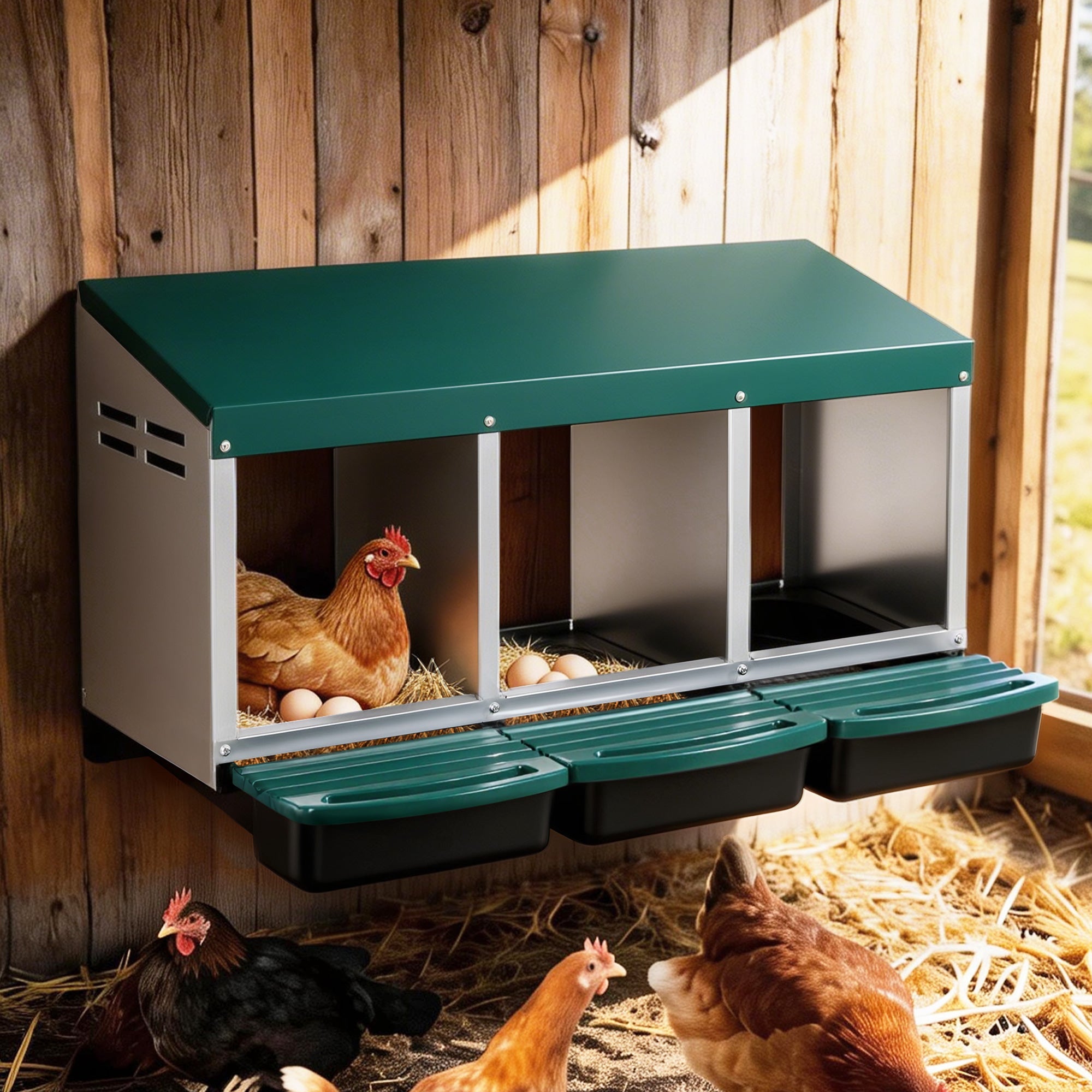 Chicken Nesting Box Roll Away 3 Holes Metal Wall Mounted Nest Box Green - Pet Care > Coops & Hutches > Small Animal Habitats & Cages - Rivercity House & Home Co. (ABN 18 642 972 209) - Affordable Modern Furniture Australia