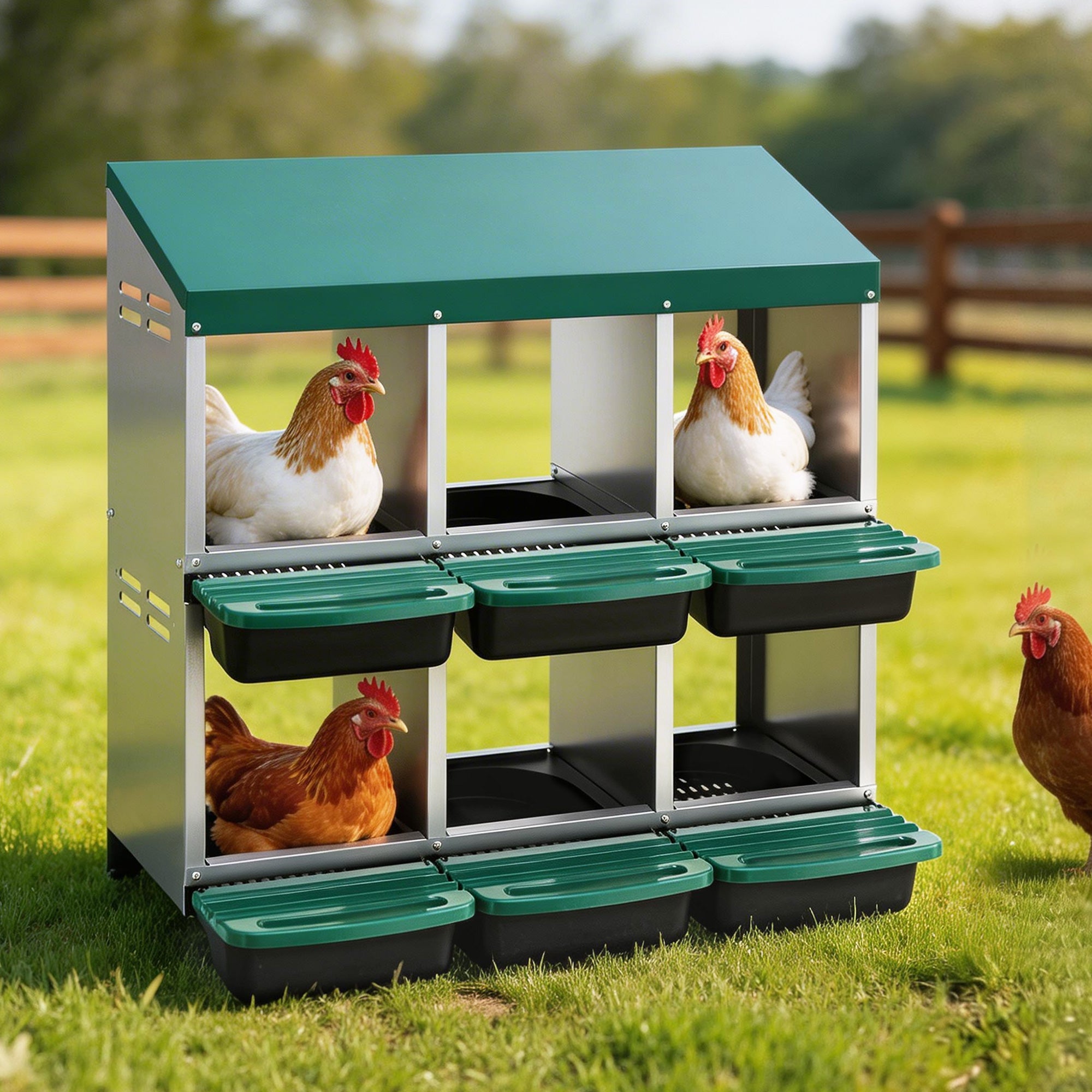 Chicken Nesting Box Roll Away Metal Nesting Box Wall Mounted 6 Holes Green - Pet Care > Coops & Hutches > Small Animal Habitats & Cages - Rivercity House & Home Co. (ABN 18 642 972 209) - Affordable Modern Furniture Australia
