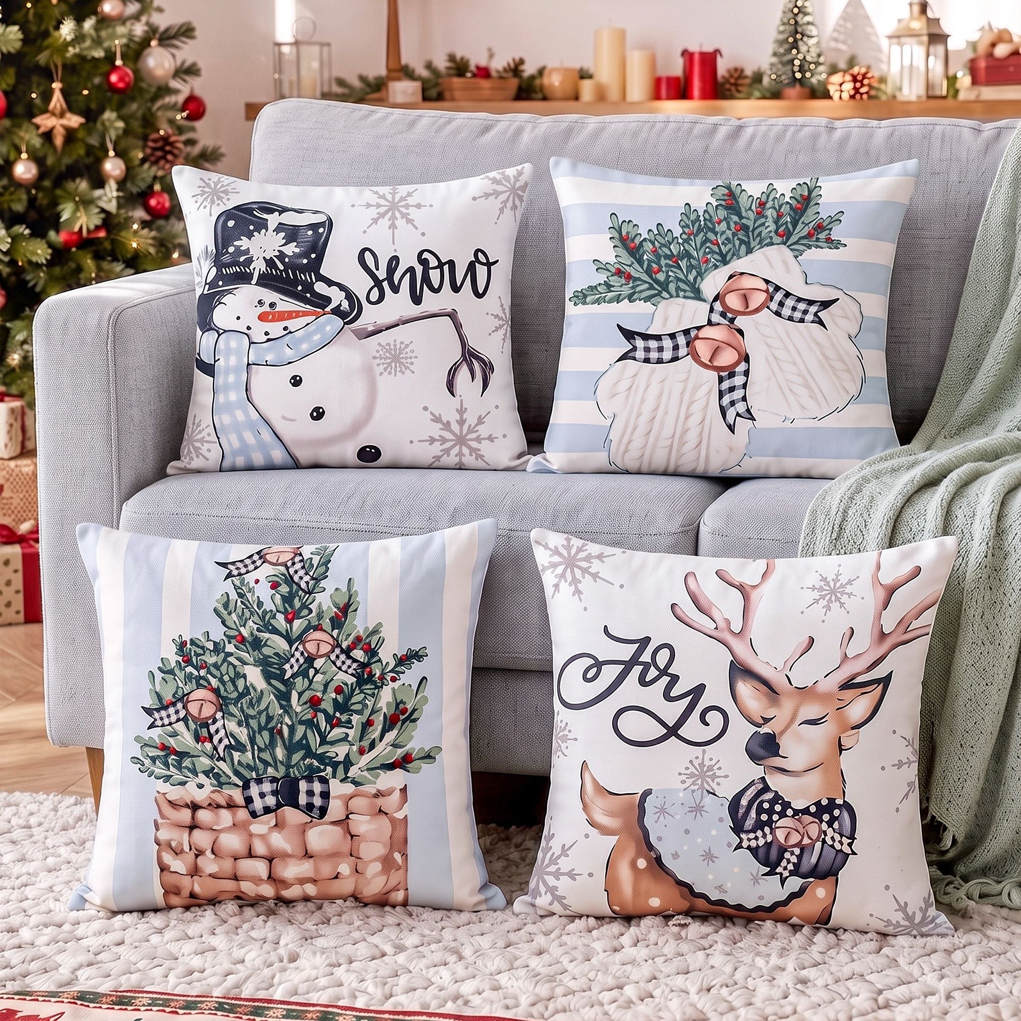 Christmas Cushion Covers Set of 4 Pillow Covers 45x45cm with 4 Cute Patterns Blue - Home & Garden > Decor > Cushions & Throws - Rivercity House & Home Co. (ABN 18 642 972 209) - Affordable Modern Furniture Australia