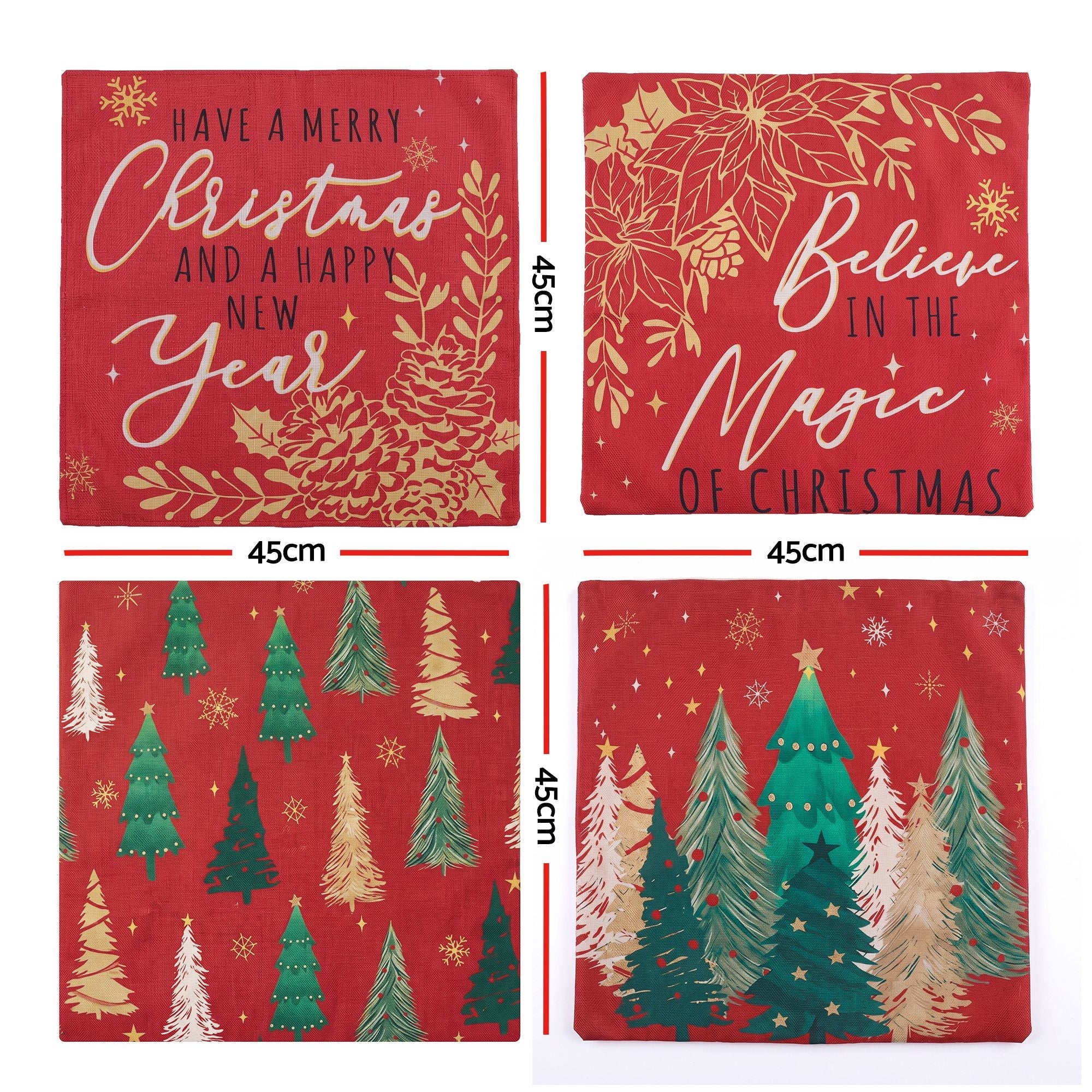 Christmas Cushion Covers Set of 4 Pillow Covers 45x45cm with 4 Cute Patterns Red - Home & Garden > Decor > Cushions & Throws - Rivercity House & Home Co. (ABN 18 642 972 209) - Affordable Modern Furniture Australia