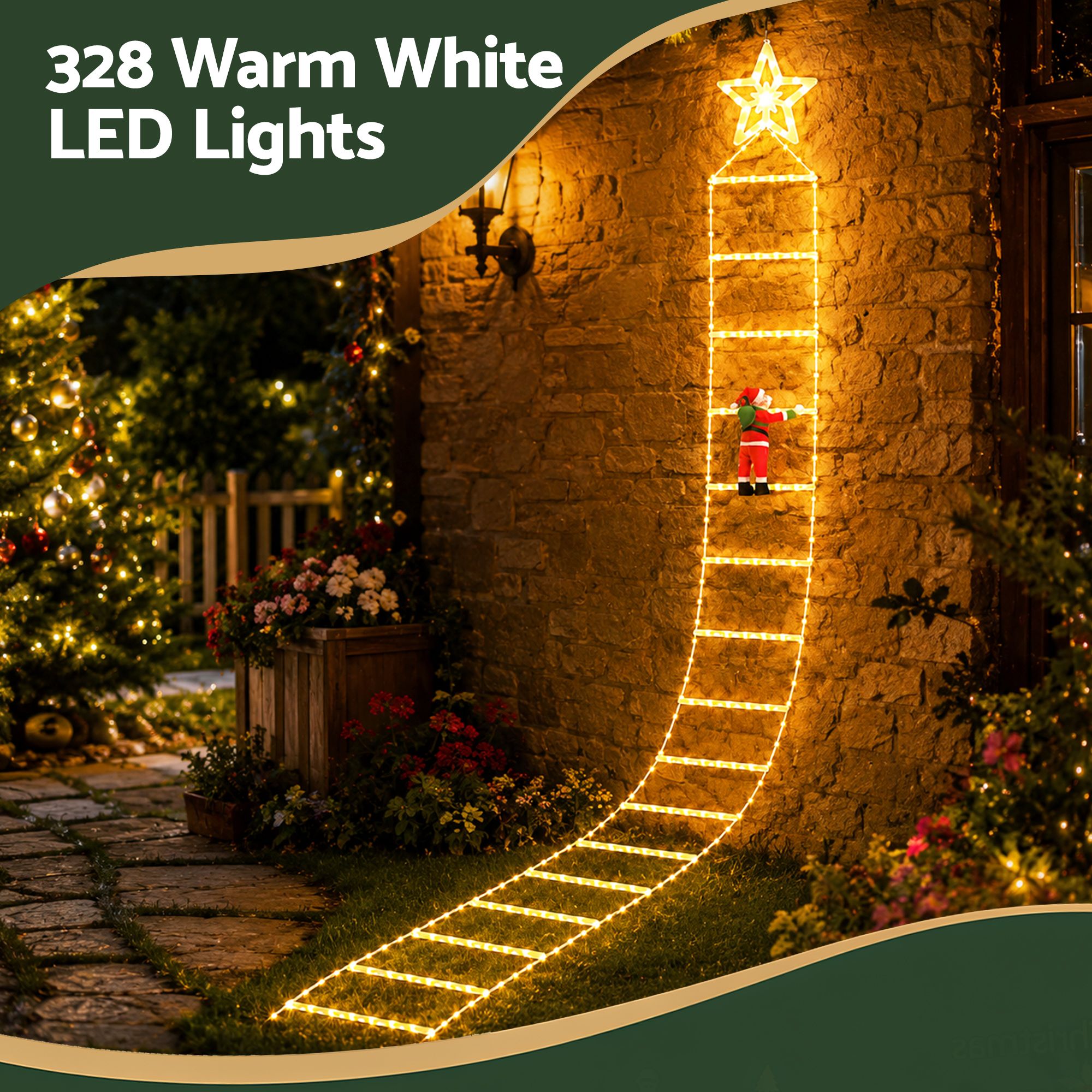 Christmas Ladder Lights Santa 3.4m 328LED Hanging Decor Warm White - Occasions > Christmas > Outdoor Decorations & Lights - Rivercity House & Home Co. (ABN 18 642 972 209) - Affordable Modern Furniture Australia
