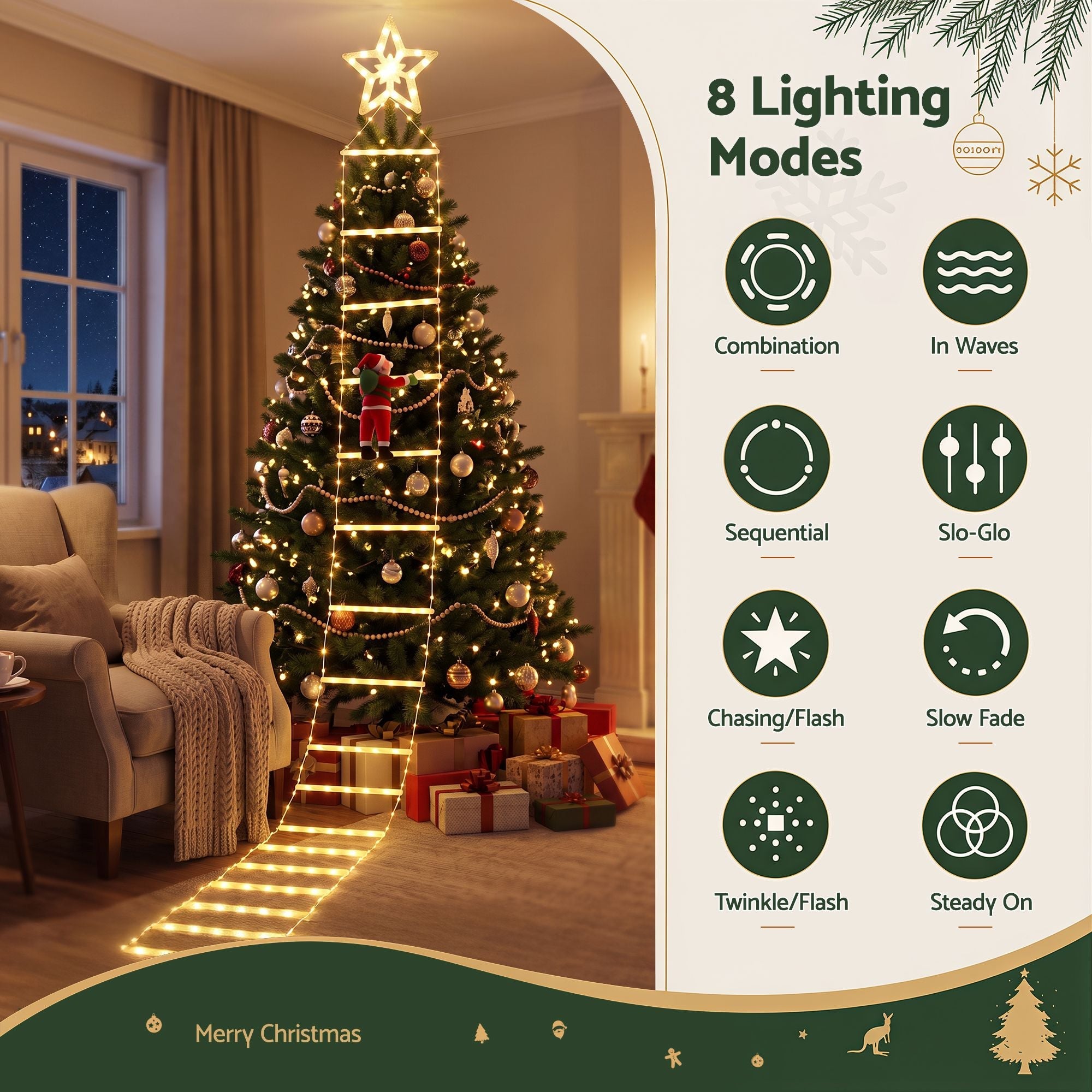 Christmas Ladder Lights Santa 3.4m 328LED Hanging Decor Warm White - Occasions > Christmas > Outdoor Decorations & Lights - Rivercity House & Home Co. (ABN 18 642 972 209) - Affordable Modern Furniture Australia