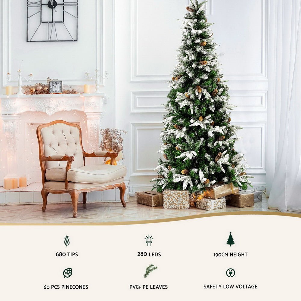 Christmas Tree 190cm Pine Cones LED Flocking Xmas Tree 680 Tips - Occasions > Christmas > Christmas Trees - Rivercity House & Home Co. (ABN 18 642 972 209) - Affordable Modern Furniture Australia