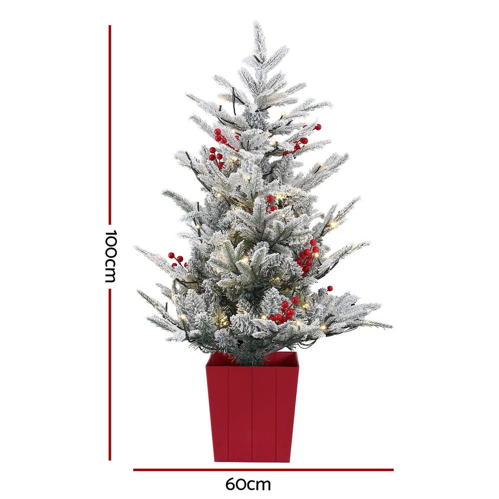 Christmas Tree 1M LED Potted Xmas Party Decor Red Barries Flocked - Occasions > Christmas > Christmas Trees - Rivercity House & Home Co. (ABN 18 642 972 209) - Affordable Modern Furniture Australia