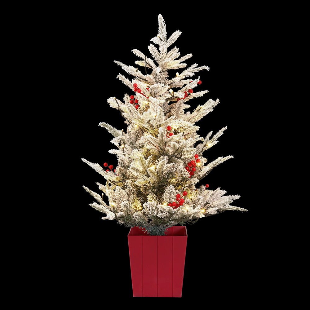 Christmas Tree 1M LED Potted Xmas Party Decor Red Barries Flocked - Occasions > Christmas > Christmas Trees - Rivercity House & Home Co. (ABN 18 642 972 209) - Affordable Modern Furniture Australia