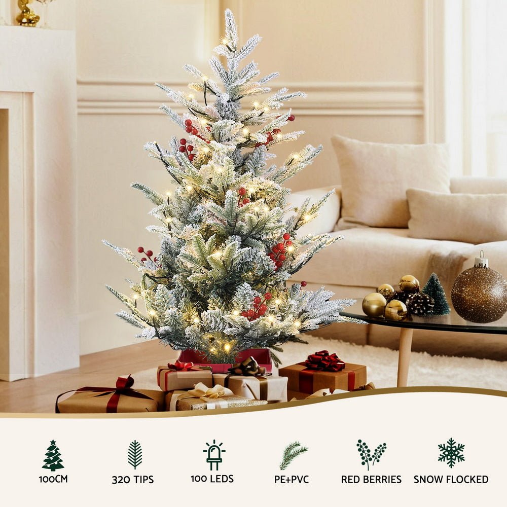 Christmas Tree 1M LED Potted Xmas Party Decor Red Barries Flocked - Occasions > Christmas > Christmas Trees - Rivercity House & Home Co. (ABN 18 642 972 209) - Affordable Modern Furniture Australia