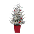 1M LED Potted Christmas Tree with Red Berries and Flocked Leaves - White