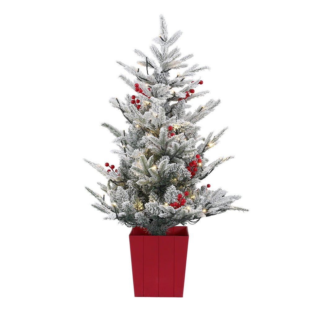 Christmas Tree 1M LED Potted Xmas Party Decor Red Barries Flocked - Occasions > Christmas > Christmas Trees - Rivercity House & Home Co. (ABN 18 642 972 209) - Affordable Modern Furniture Australia
