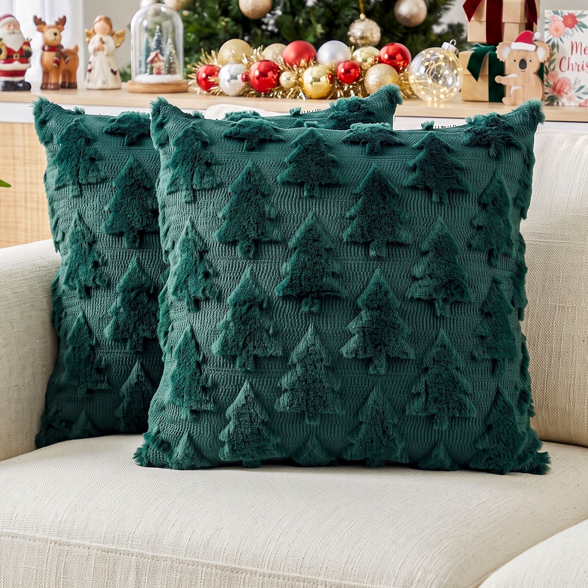 Christmas Tree Pillow Covers 2 Packs Cushion Covers Soft Faux Fur Jacquard Throw Pillow Covers 45 x 45cm Green - Home & Garden > Decor > Cushions & Throws - Rivercity House & Home Co. (ABN 18 642 972 209) - Affordable Modern Furniture Australia