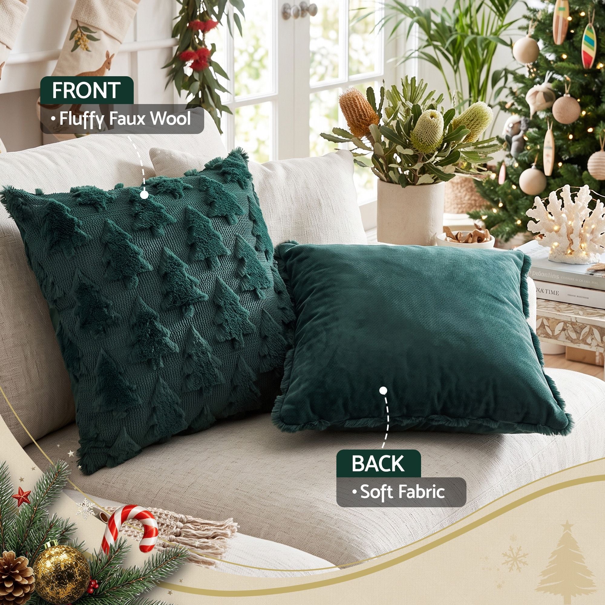 Christmas Tree Pillow Covers 2 Packs Cushion Covers Soft Faux Fur Jacquard Throw Pillow Covers 45 x 45cm Green - Home & Garden > Decor > Cushions & Throws - Rivercity House & Home Co. (ABN 18 642 972 209) - Affordable Modern Furniture Australia