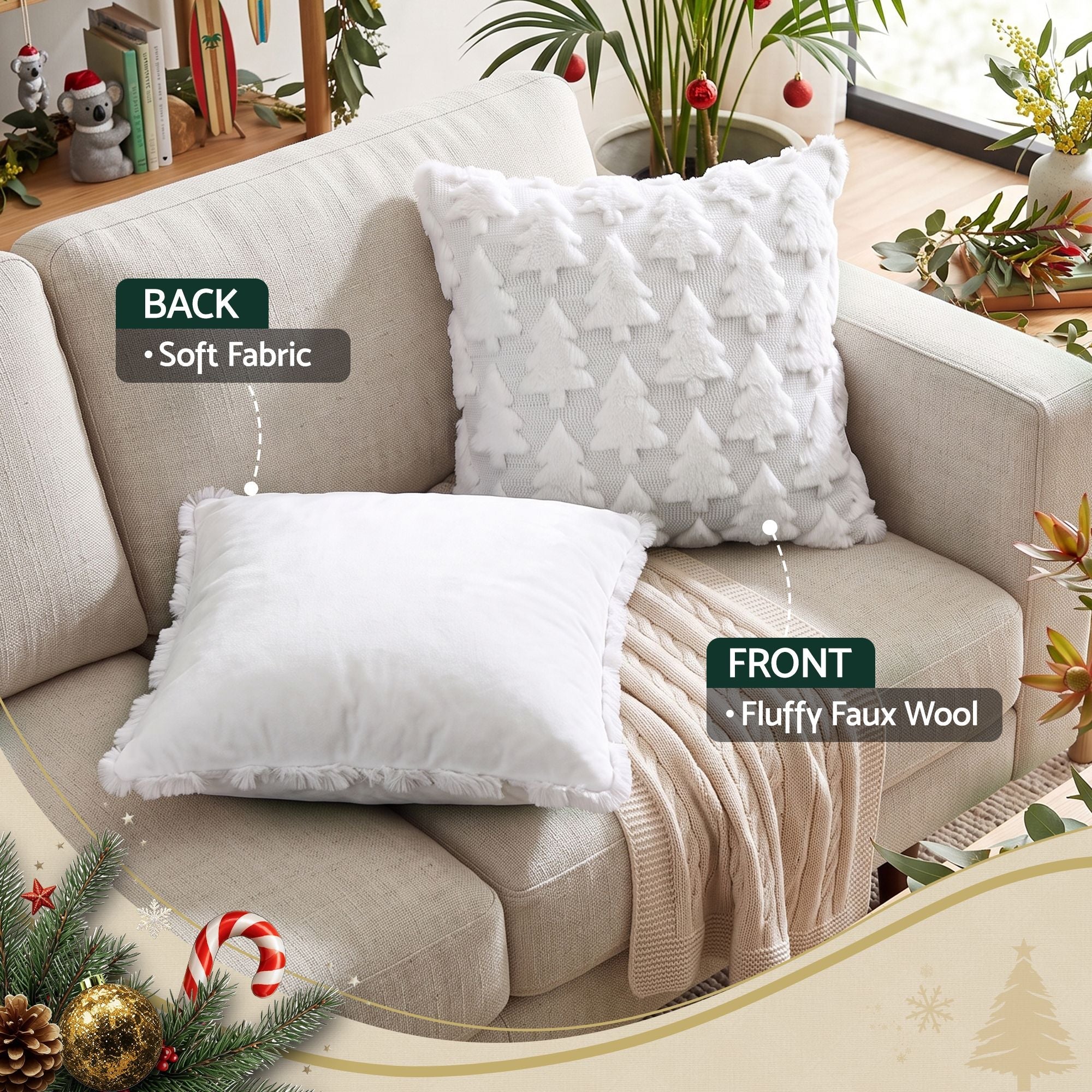 Christmas Tree Pillow Covers 2 Packs Cushion Covers Soft Faux Fur Jacquard Throw Pillow Covers 45 x 45cm White - Home & Garden > Decor > Cushions & Throws - Rivercity House & Home Co. (ABN 18 642 972 209) - Affordable Modern Furniture Australia