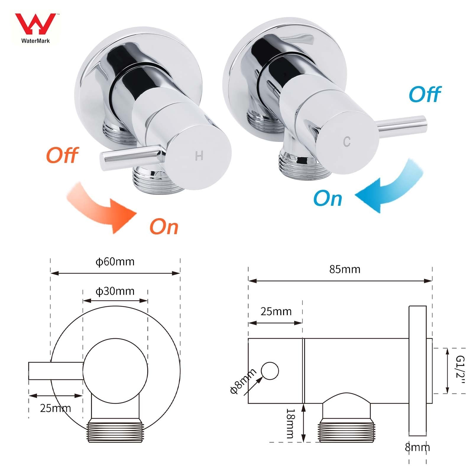 Chrome Round Wall Mounted 1/4 Turn Hot Cold Tap Pair Set For Washing Machine - Furniture > Bathroom > Shower Heads & Screens - Rivercity House & Home Co. (ABN 18 642 972 209) - Affordable Modern Furniture Australia