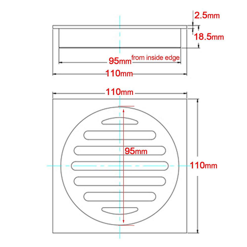 Chrome Stainless Steel 110mm Small Square Shower Grate Floor Drain 95mm Outlet - Furniture > Bathroom > Shower Heads & Screens - Rivercity House & Home Co. (ABN 18 642 972 209) - Affordable Modern Furniture Australia