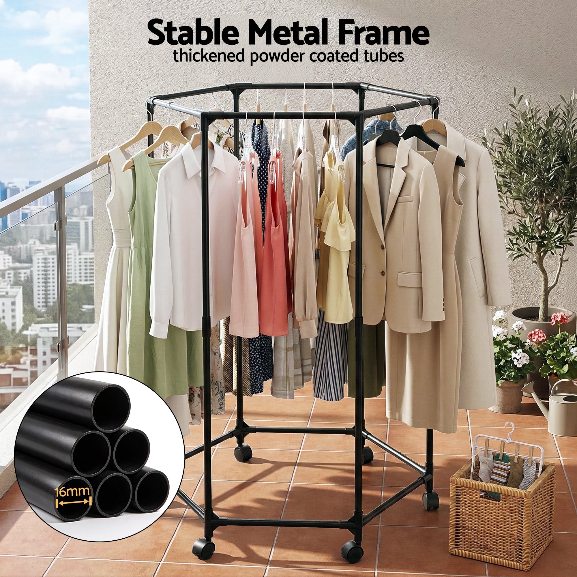 Clothes Rack Airer Rail Coat Stand Wheels 6 Rods - Furniture > Living Room > Coat Racks - Rivercity House & Home Co. (ABN 18 642 972 209) - Affordable Modern Furniture Australia