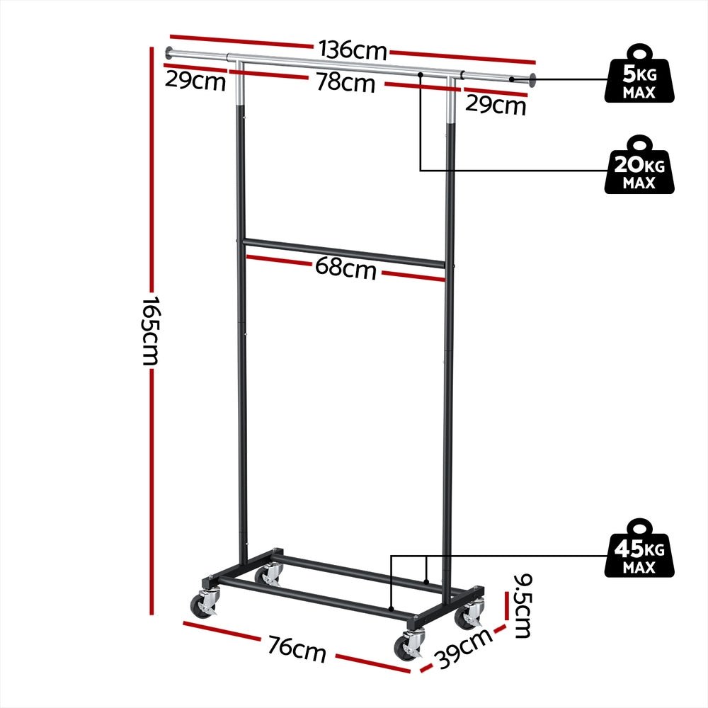 Clothes Rack Double Rod Airer Rail Coat Stand Adjustable Hanger - Furniture > Living Room > Coat Racks - Rivercity House & Home Co. (ABN 18 642 972 209) - Affordable Modern Furniture Australia
