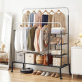 Double Rod Clothes Rack with Coat Stand, Shoe & Storage Shelves - Silver & Black