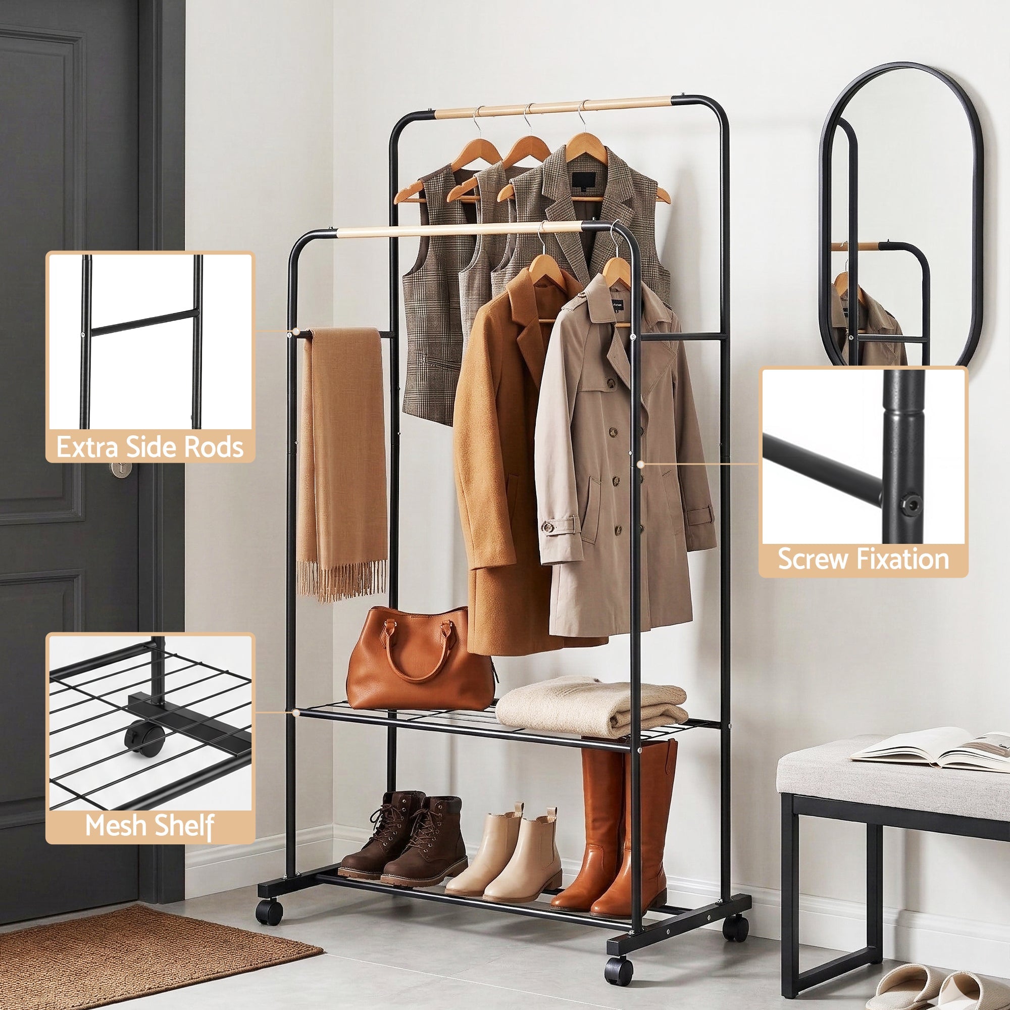 Clothes Rack Double Rod Airer Rail Coat Stand Hanger Storage Shelf - Furniture > Living Room > Coat Racks - Rivercity House & Home Co. (ABN 18 642 972 209) - Affordable Modern Furniture Australia