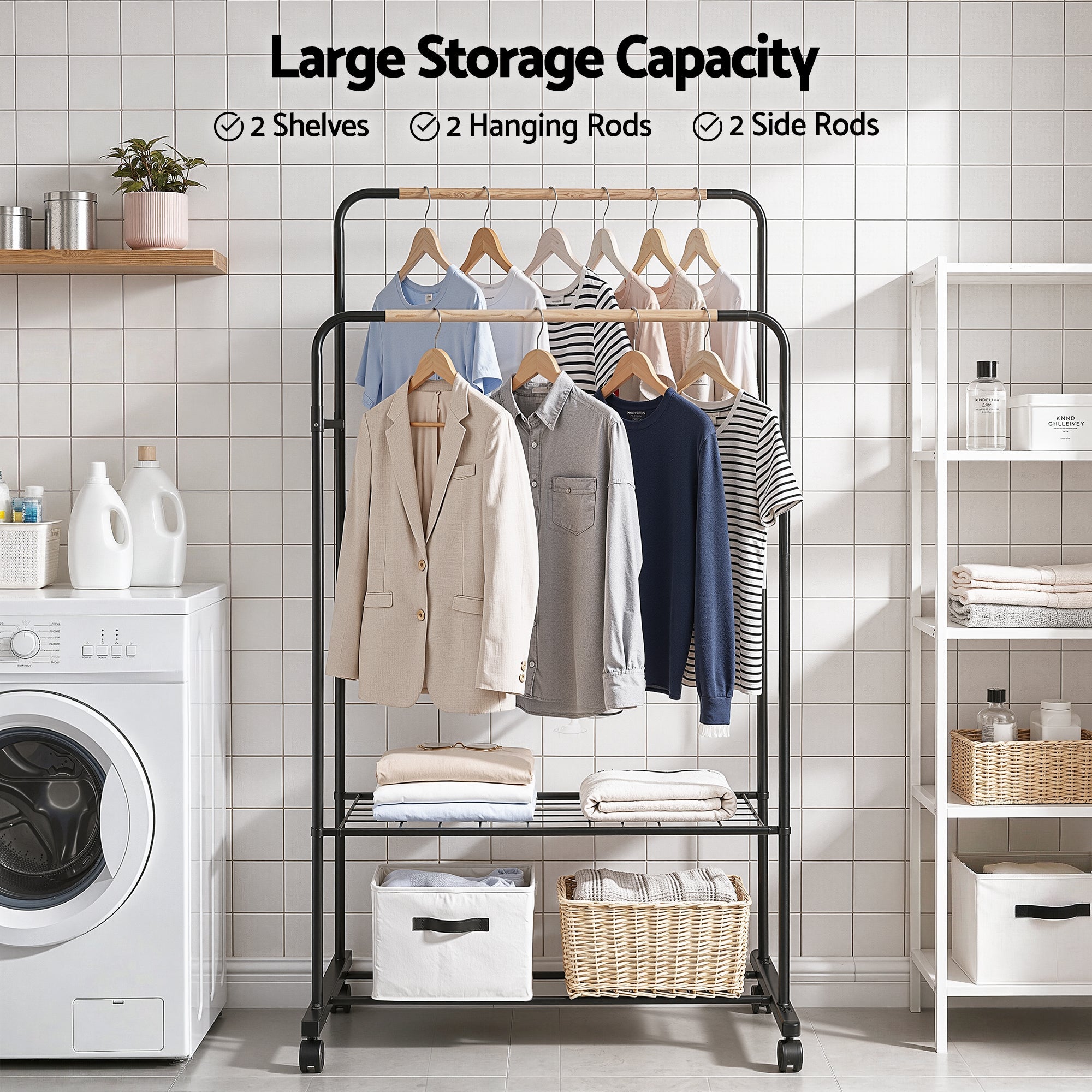 Clothes Rack Double Rod Airer Rail Coat Stand Hanger Storage Shelf - Furniture > Living Room > Coat Racks - Rivercity House & Home Co. (ABN 18 642 972 209) - Affordable Modern Furniture Australia