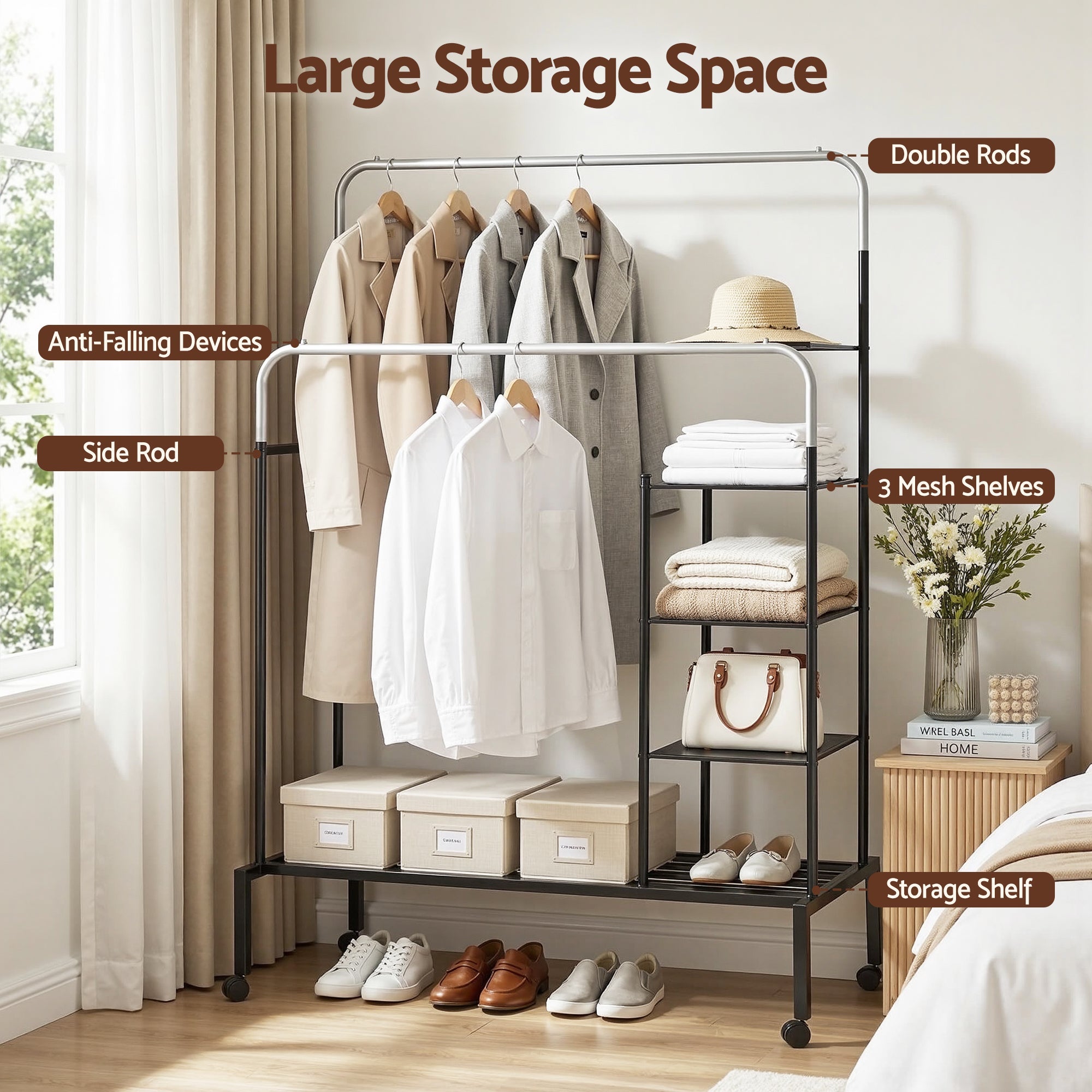 Clothes Rack Double Rod Airer Rail Coat Stand Hanger Storage Shelf - Furniture > Living Room > Coat Racks - Rivercity House & Home Co. (ABN 18 642 972 209) - Affordable Modern Furniture Australia
