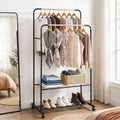 Double Rod Clothes Rack with Storage Shelves and Lockable Wheels - Black and Wood
